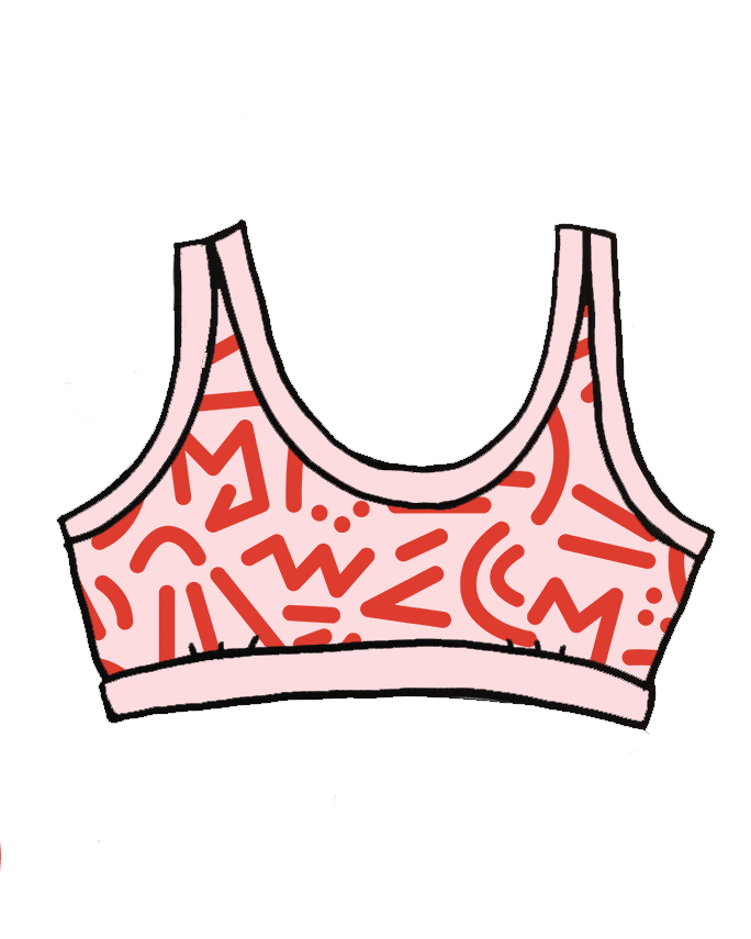 Drawing of Thunderpants organic cotton Bralette in pink with red squigglies print.