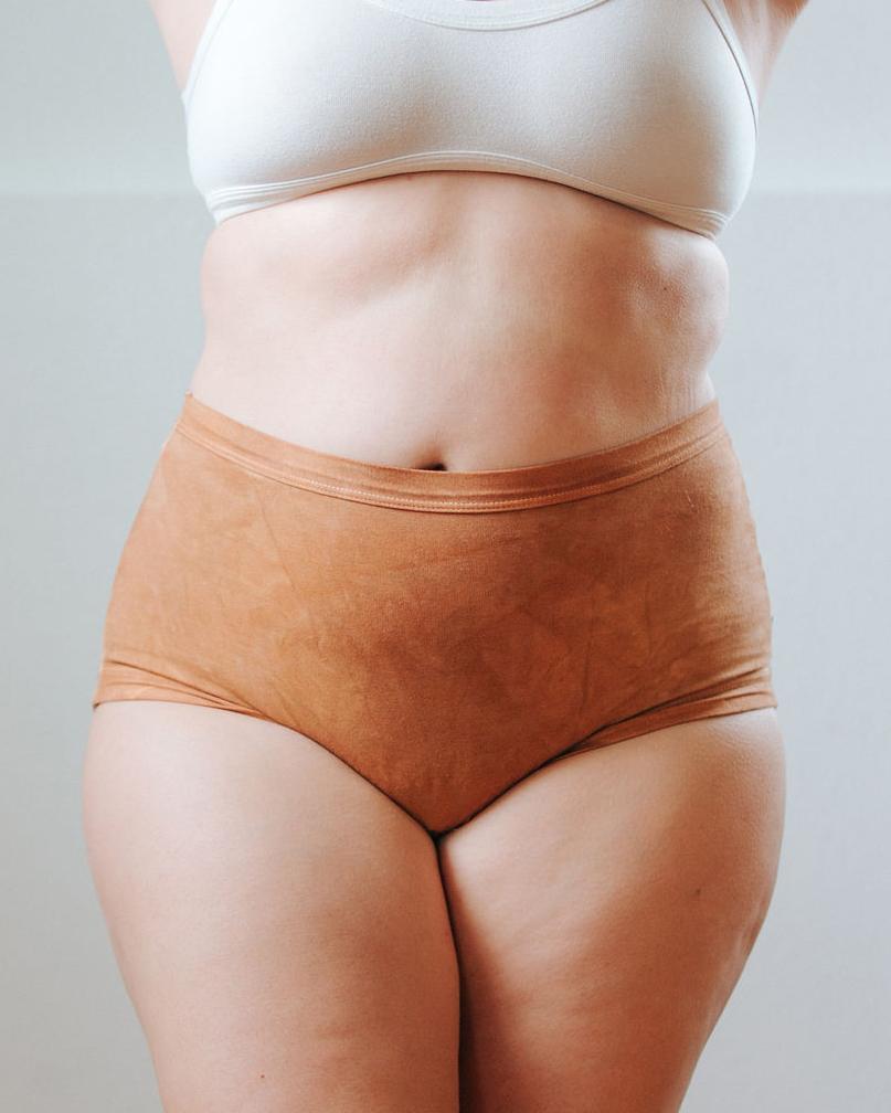 Front photo showing Thunderpants Organic Cotton original style underwear in hand dyed Espresso color on a model.