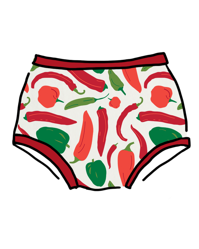 Drawing of Thunderpants Organic Cotton Original style underwear in Hot Pants print: various green, orange, and red peppers printed on Vanilla with red binding.