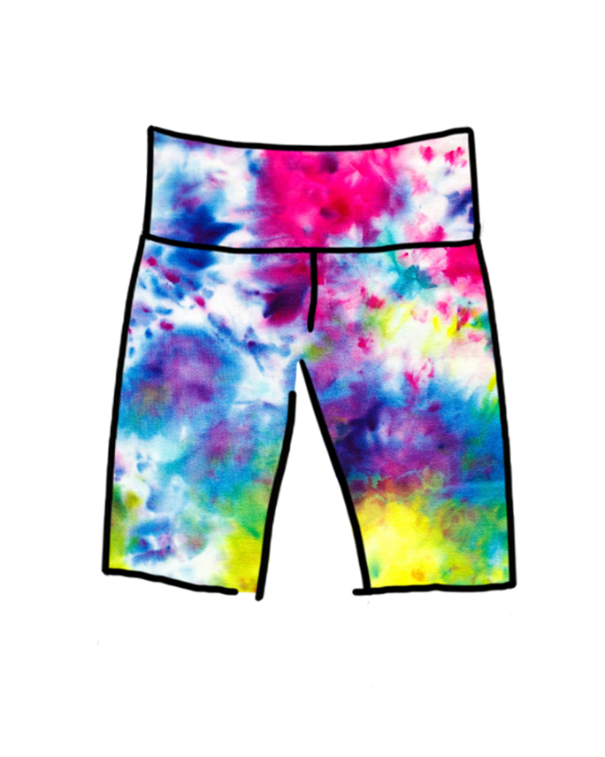 Drawing of Thunderpants Organic Cotton High Rise Bike Shorts in a hand dyed Ice Dye multicolored tie-dye.