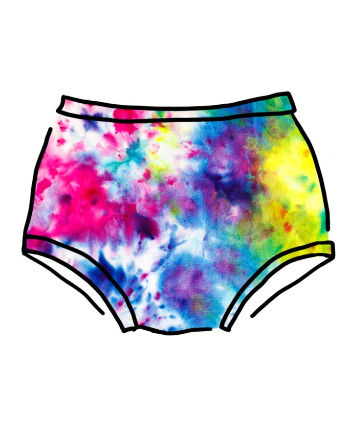 Drawing of Thunderpants Organic Cotton Bralette in a hand dyed Ice Dye  multicolored tie-dye.