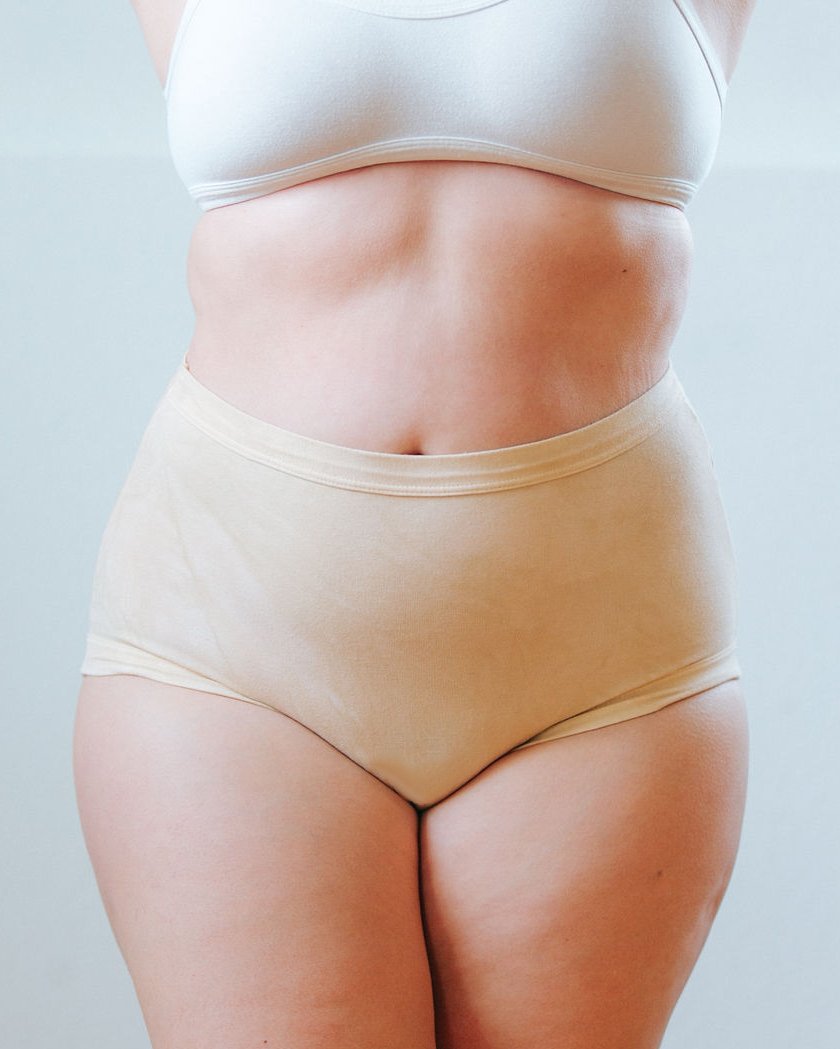 Front photo showing Thunderpants Organic Cotton original style underwear in hand dyed Latte color on a model.