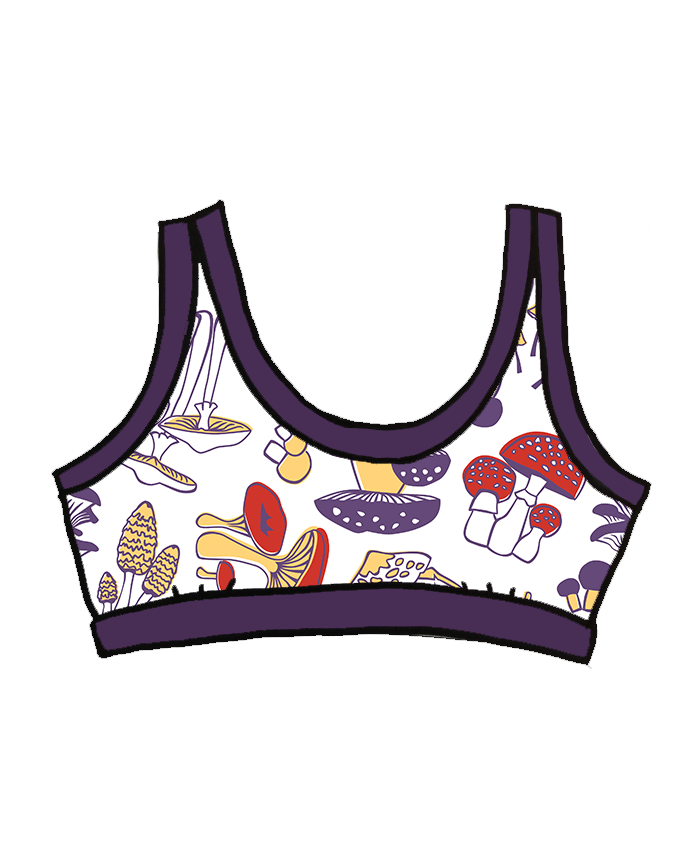 Drawing of Bralette in Mushroom Magic print: different kind of mushrooms in red, yellow, and purple colors with dark purple binding.