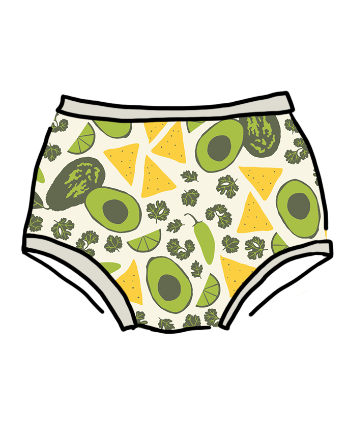 Drawing of Thunderpants organic cotton Original style underwear in Party Guac: deconstructed guacamole (avocado, cilantro, pepper, lime, and tortilla chip) print.