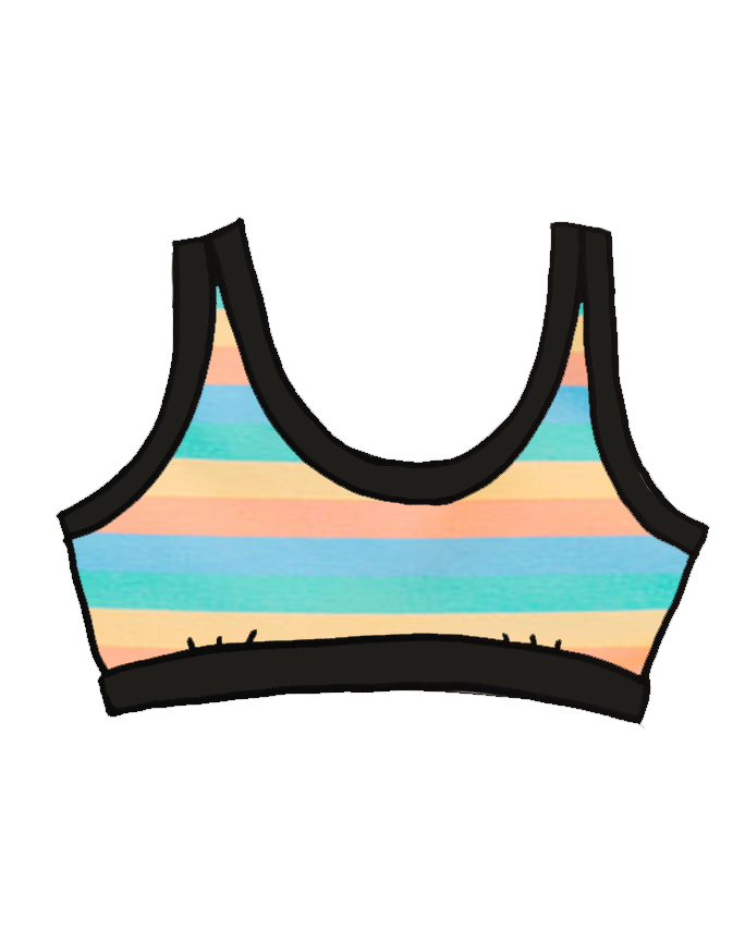 Drawing of Thunderpants organic cotton Bralette in pastel rainbow stripes.