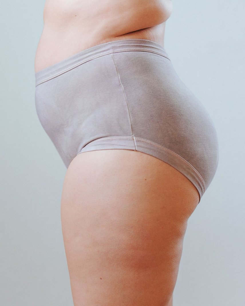 Side photo showing Thunderpants Organic Cotton original style underwear in hand dyed Shiitake color on a model.
