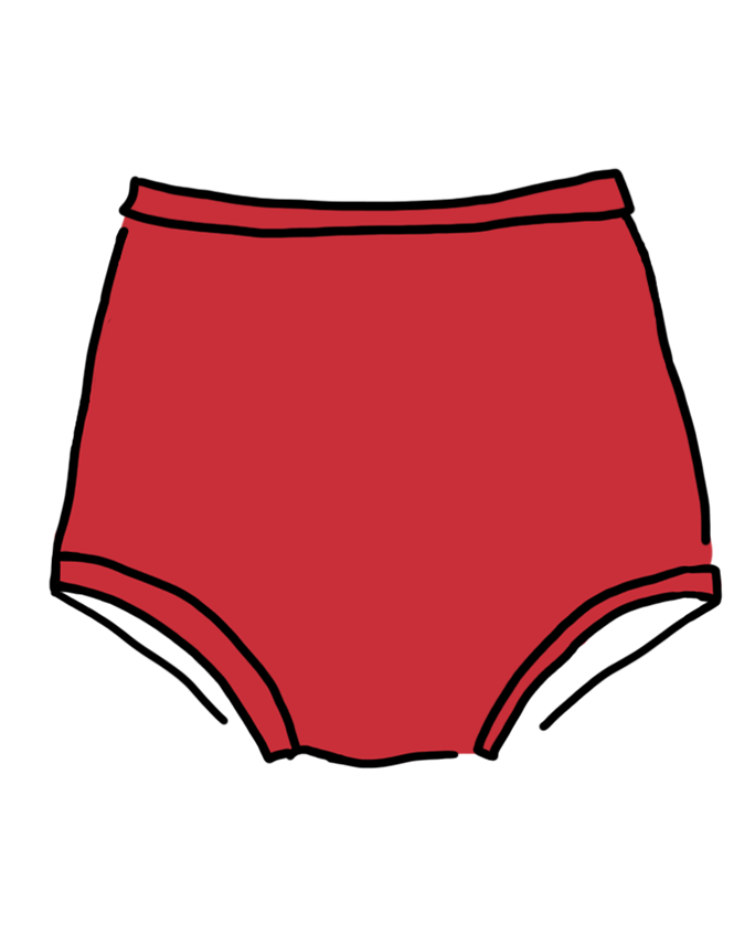 Drawing of Sky Rise style Classic Red Swimwear bottoms.