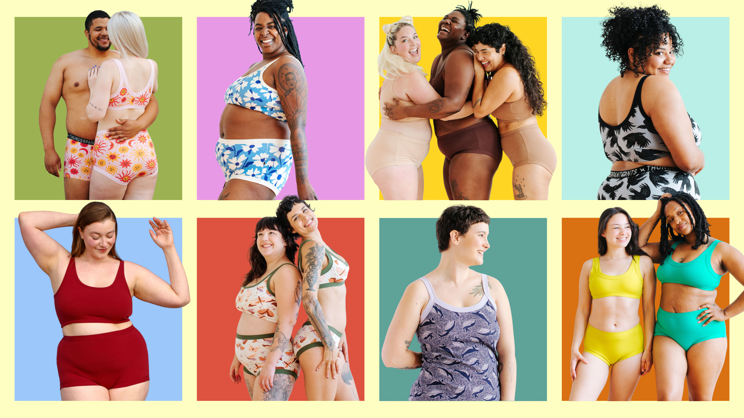 A bunch of people wearing various pairs of organic cotton Thunderpants underwear in different colors and prints.