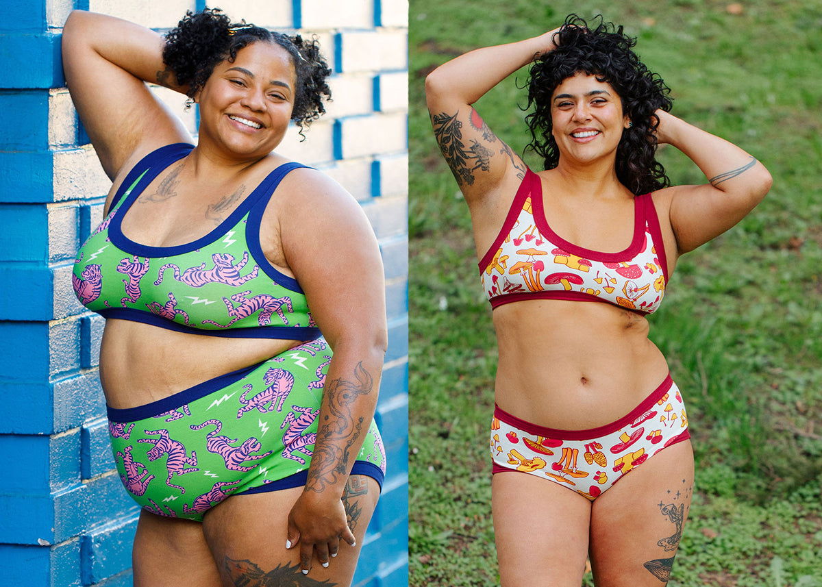 Two models wearing various sets of organic cotton Thunderpants.