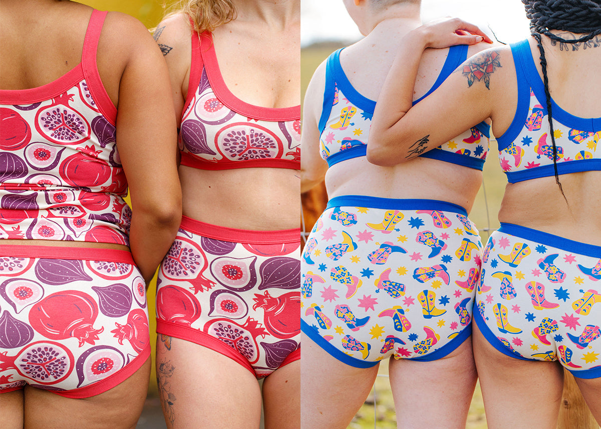 Close up of models wearing Thunderpants sets in Two Fruits and Boot Scootin' prints.