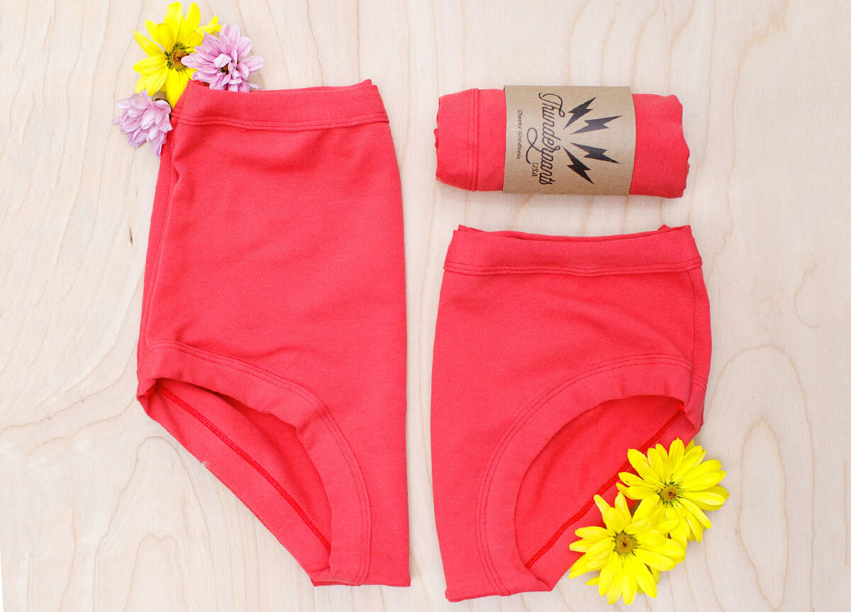 Flat lay of Thunderpants Sky Rise and Hipster style underwear in Pomegranate Punch color.