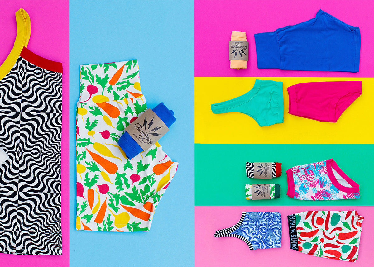 Various Thunderpants items in different styles and colors/prints.