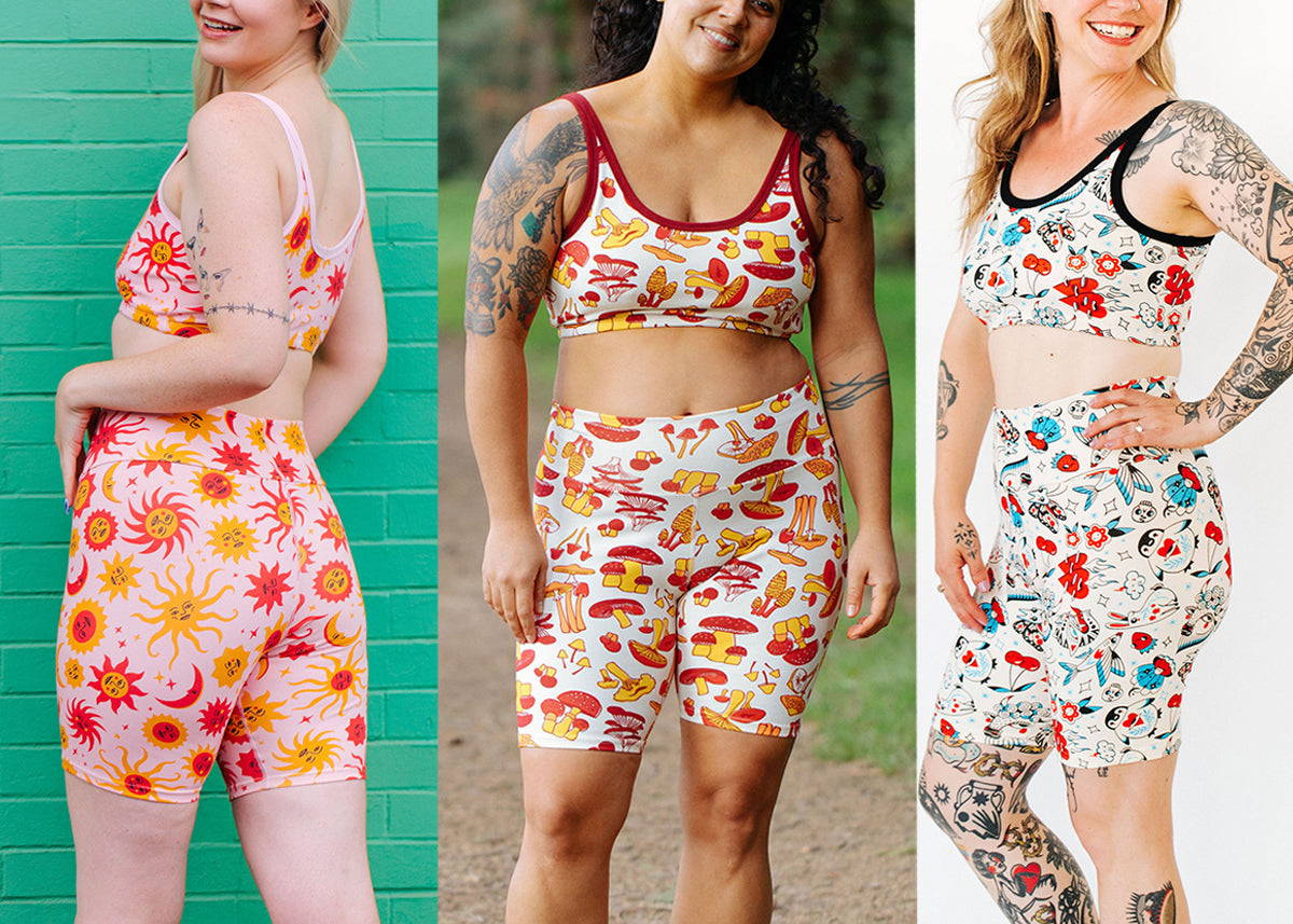 Three women in matching Thunderpants sets in various prints.