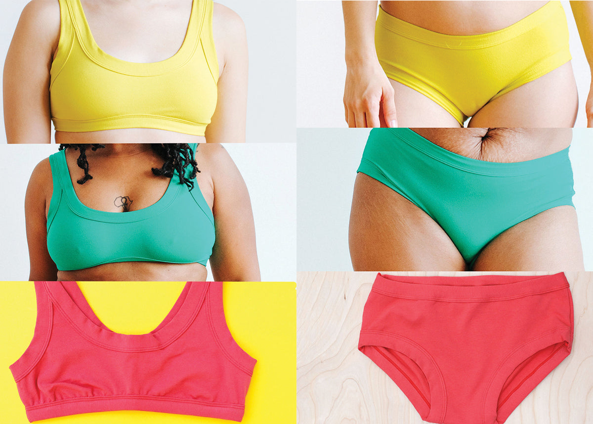 Models wearing Thunderpants Bralettes and Hipster style underwear in Star Fruit, Peacock Green, and Pomegranate Punch.