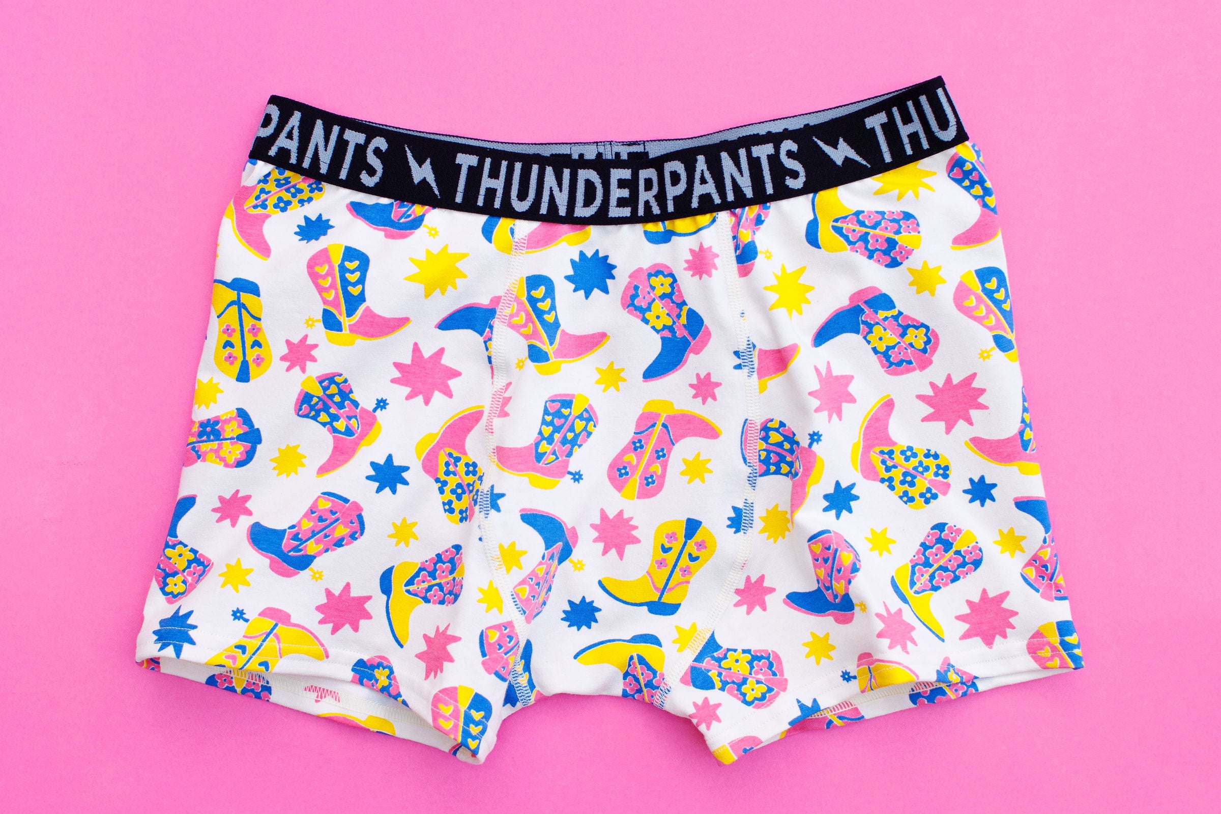 Flat lay of Thunderpants Boxer Brief style underwear in Boot Scootin' print.