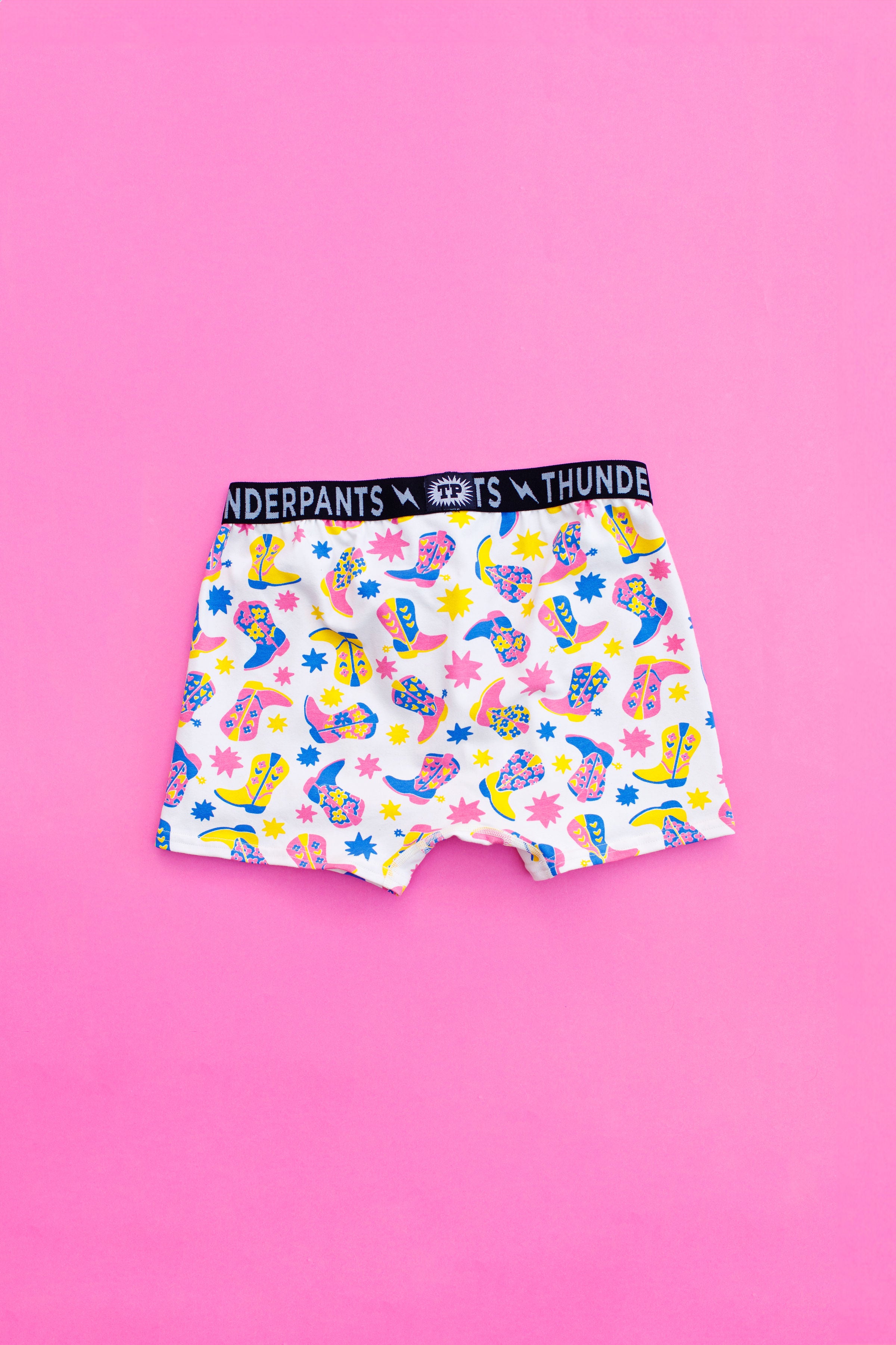 Flat lay of Thunderpants Boxer Brief style underwear in Boot Scootin' print.