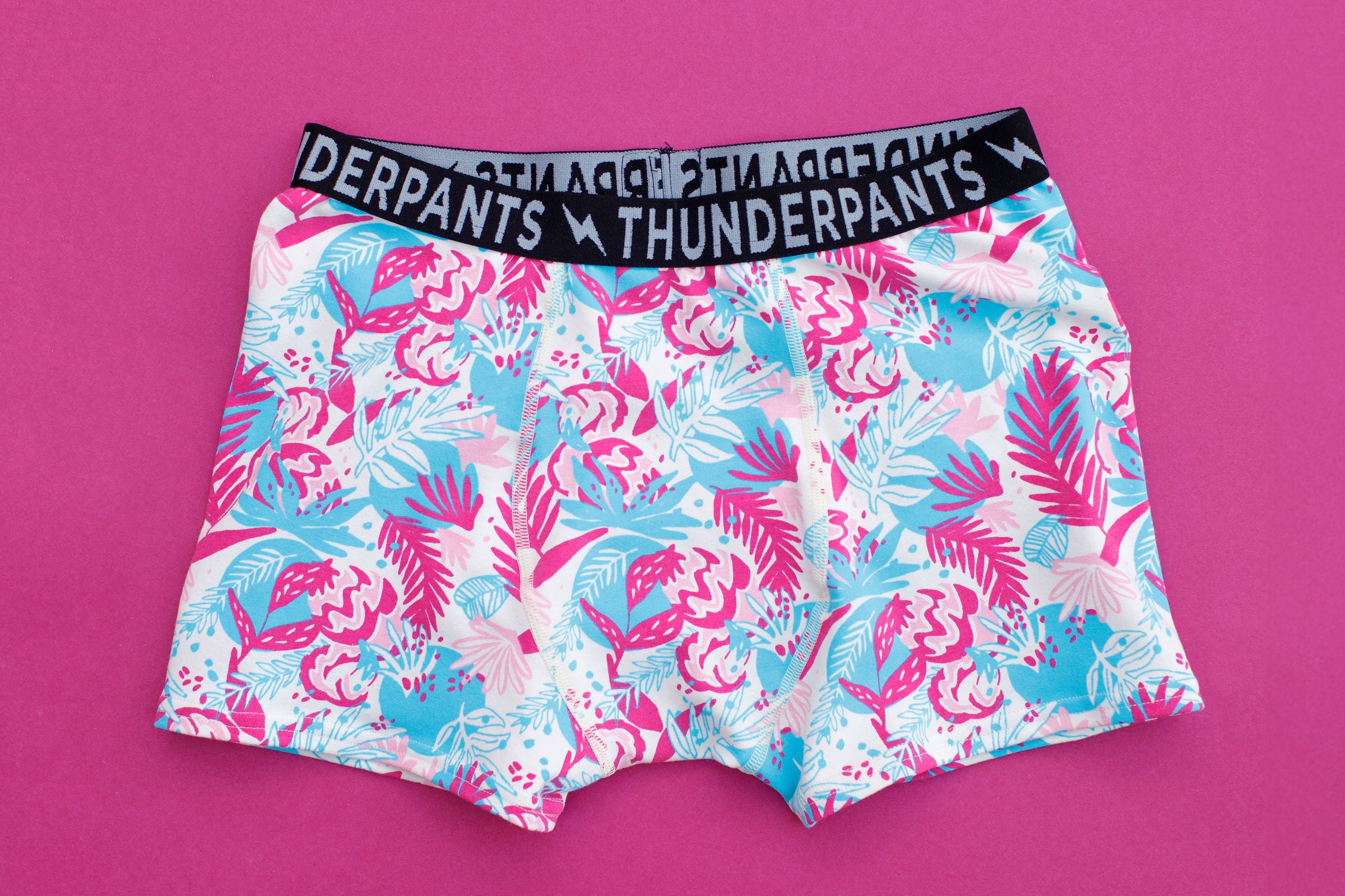 Flat lay of Thunderpants Boxer Brief style underwear in Finding Flamingo print.