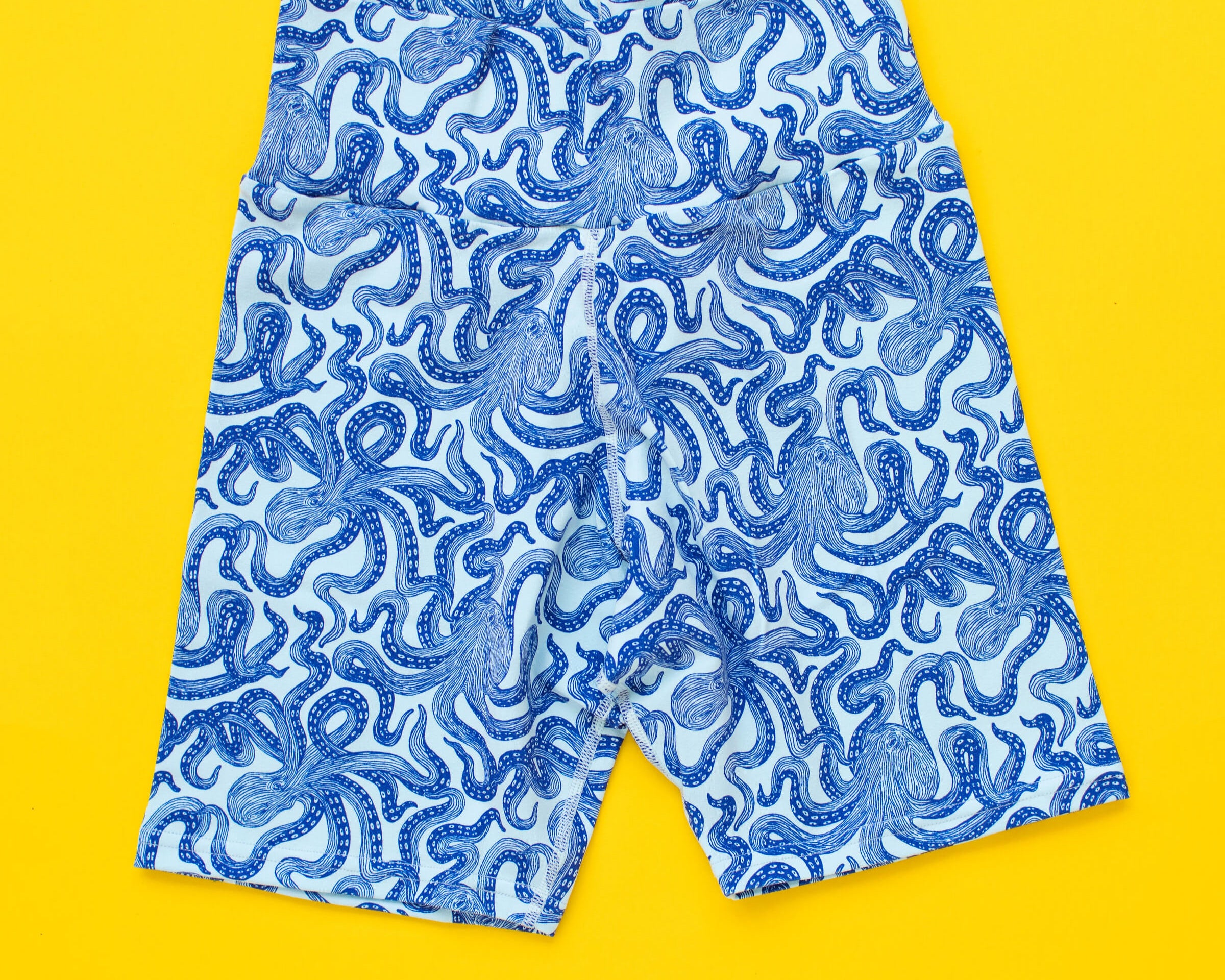 Flat lay of Thunderpants Bike Shorts in Octo-Pants print.