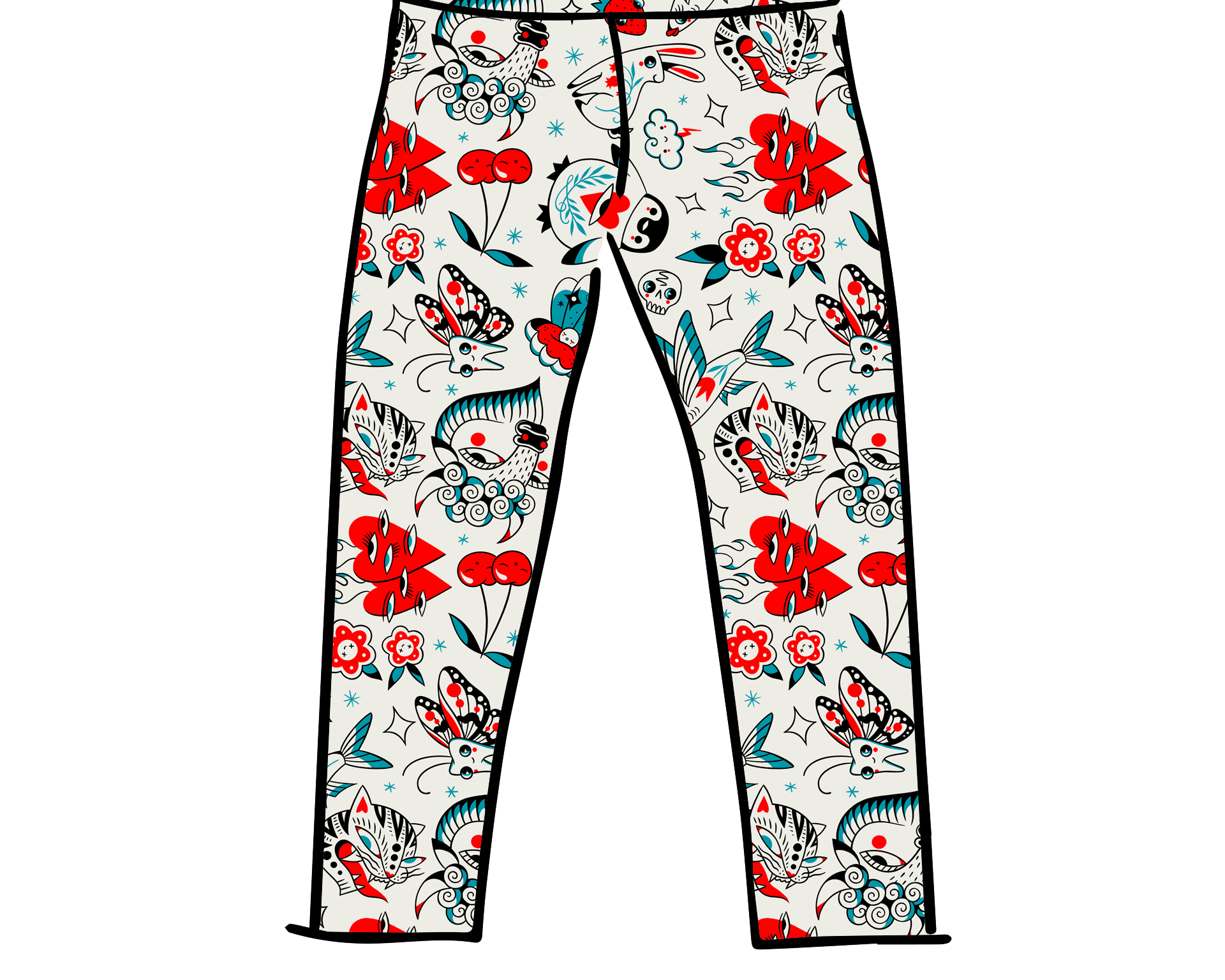 Drawing of Thunderpants 3/4 Length Leggings in Inked Up print - red, blue, and black tattoo designs.