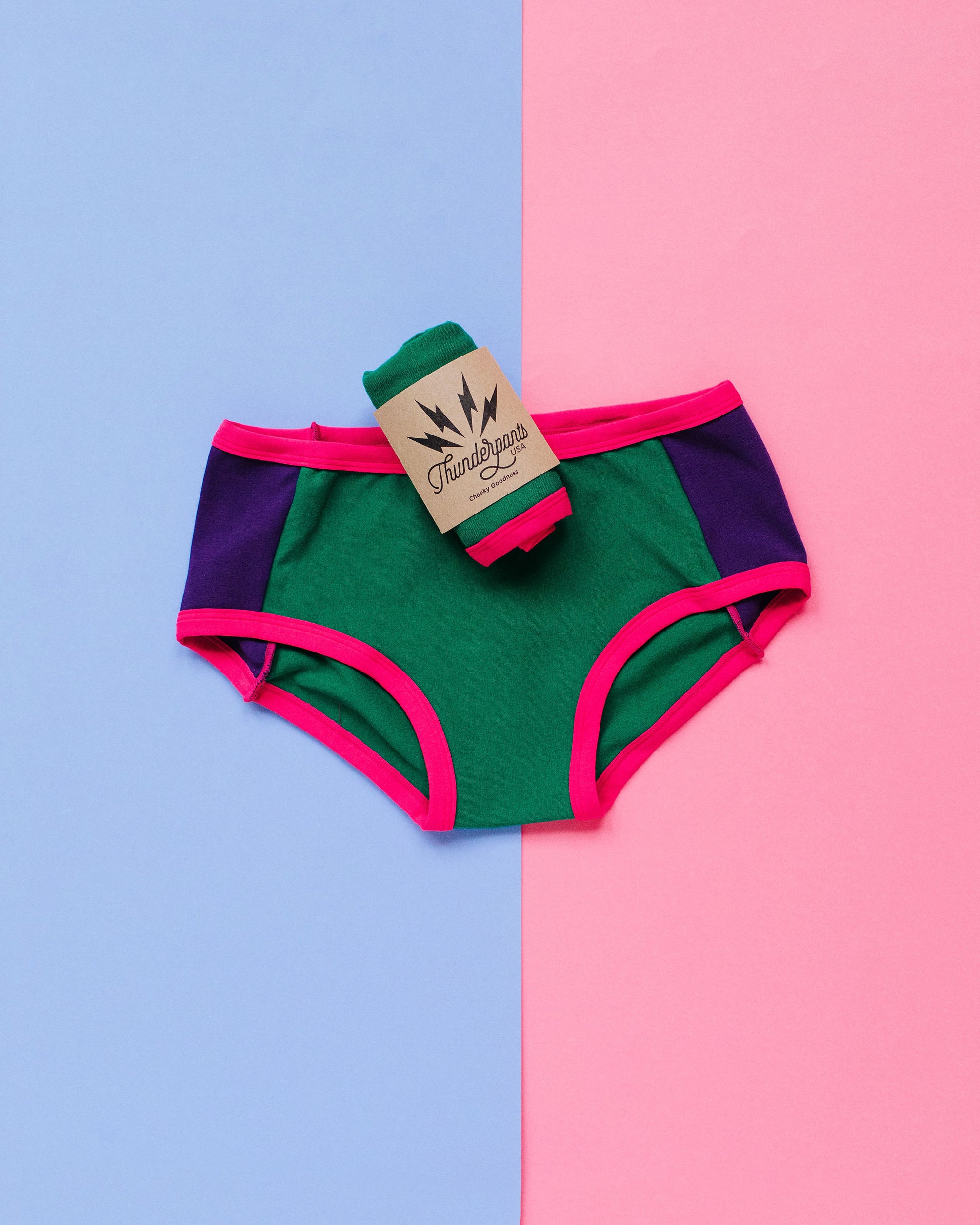 Flat lay of Thunderpants Hipster Panel Pants style underwear in 90's Dream - purple sides, green middle, and pink binding.