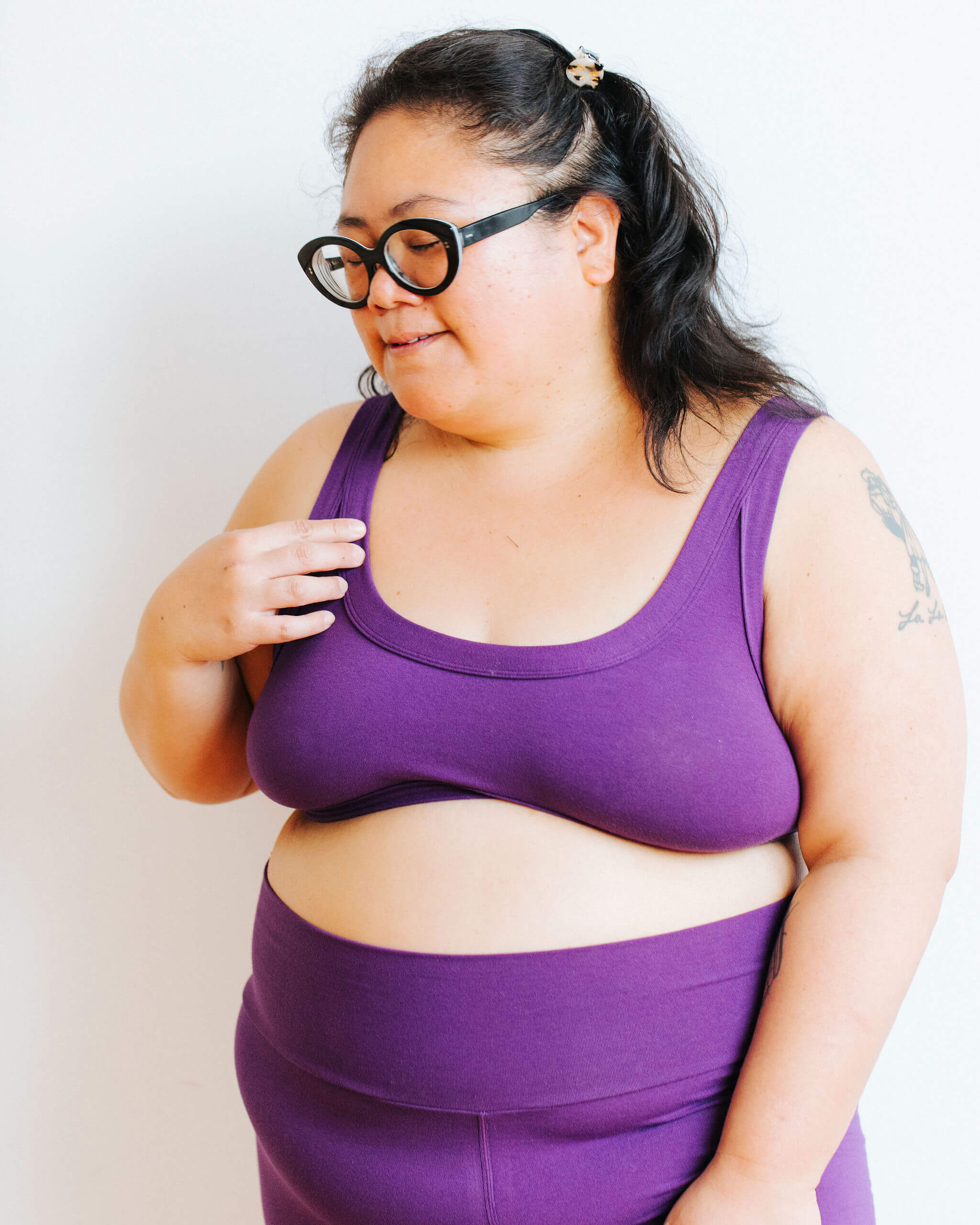 Model wearing Thunderpants Bralette and Bike Shorts in Amethyst color. 