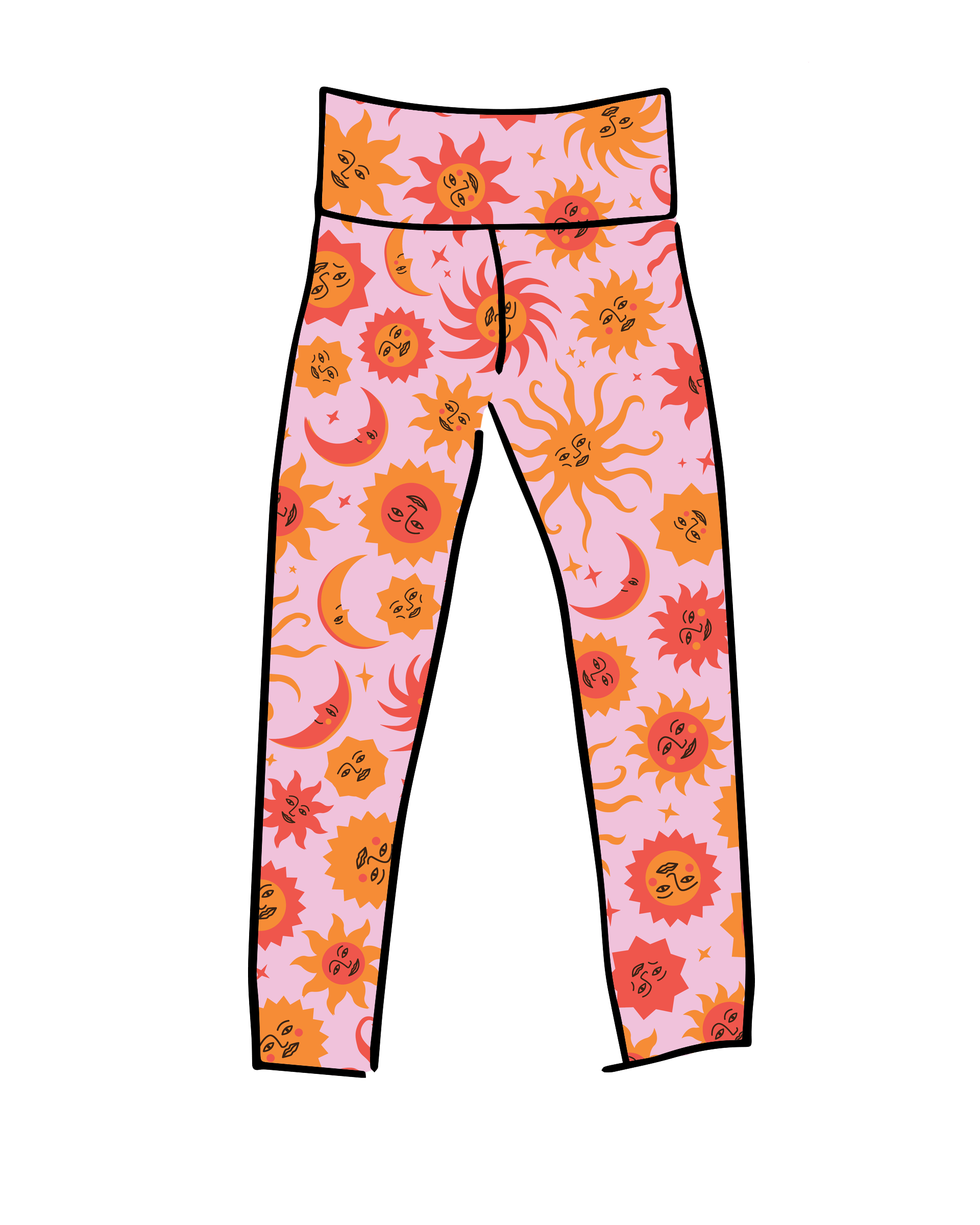 Drawing of Thunderpants Ankle length leggings in Luna y Sol print - suns and moons in orange and pink.
