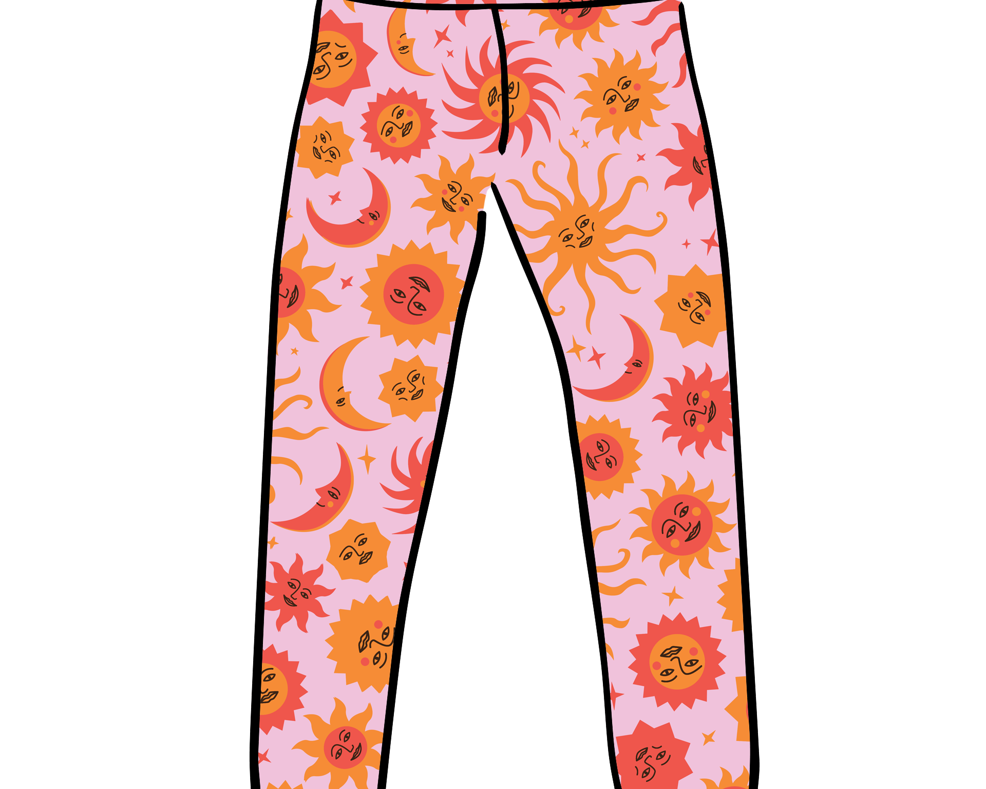 Drawing of Thunderpants Ankle length leggings in Luna y Sol print - suns and moons in orange and pink.