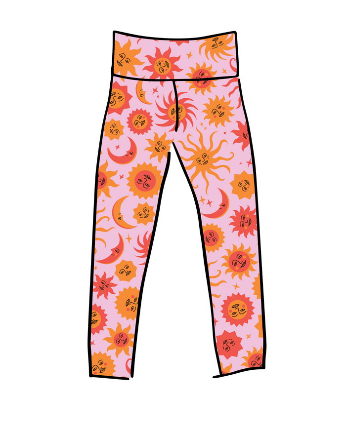 Drawing of Thunderpants Ankle length leggings in Luna y Sol print - suns and moons in orange and pink.