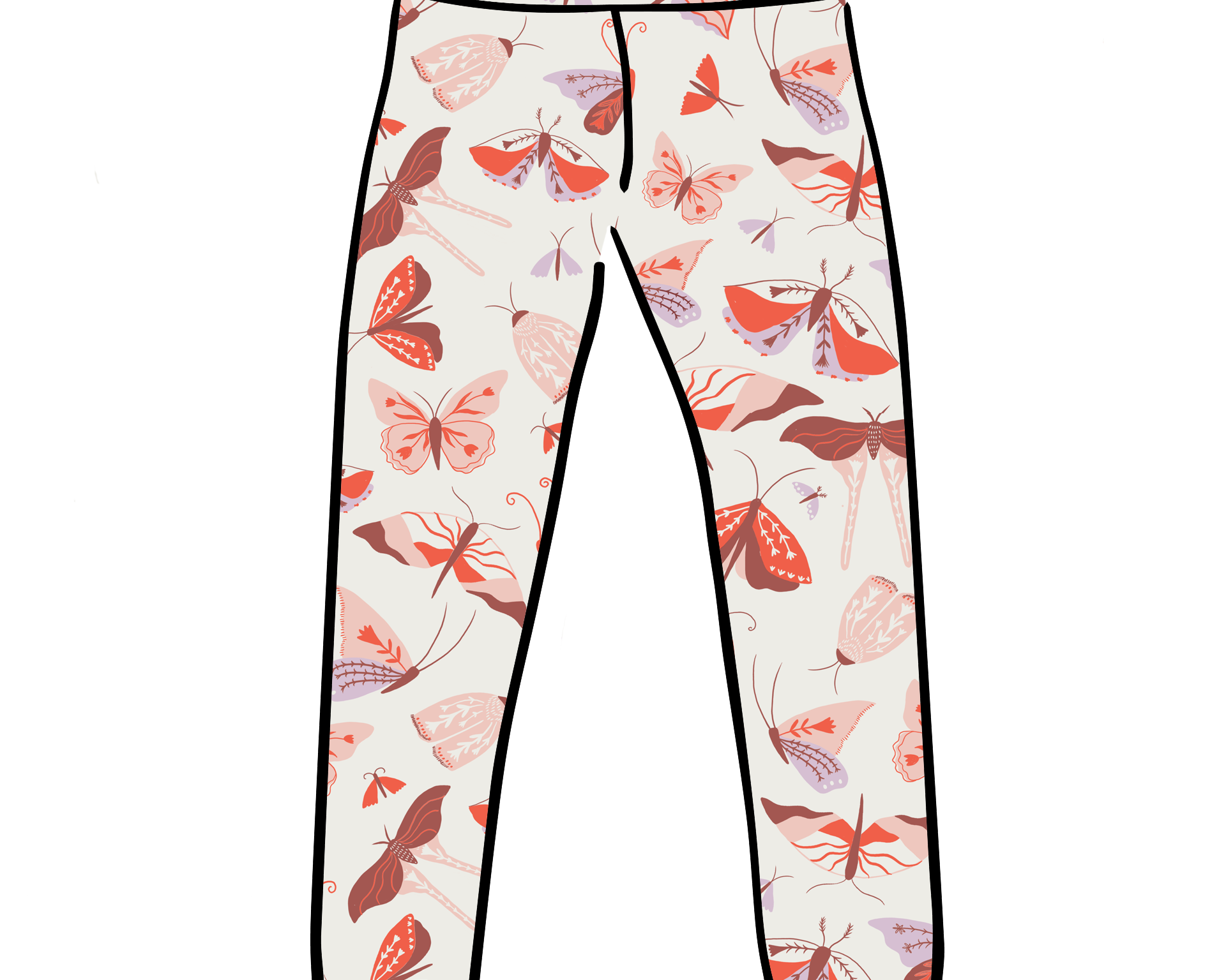 Drawing of Thunderpants Ankle Length Leggings in Field Study: a moth print in red, orange, pink, and purple bound in green.