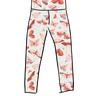 Drawing of Thunderpants Ankle Length Leggings in Field Study: a moth print in red, orange, pink, and purple bound in green.