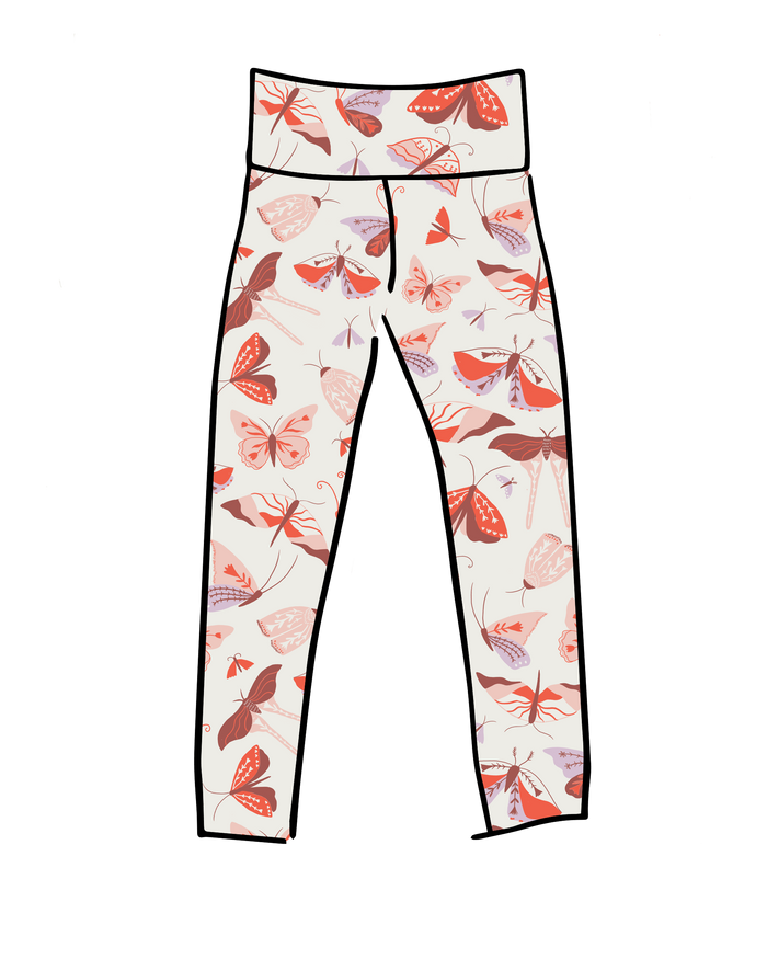 Drawing of Thunderpants Ankle Length Leggings in Field Study: a moth print in red, orange, pink, and purple bound in green.