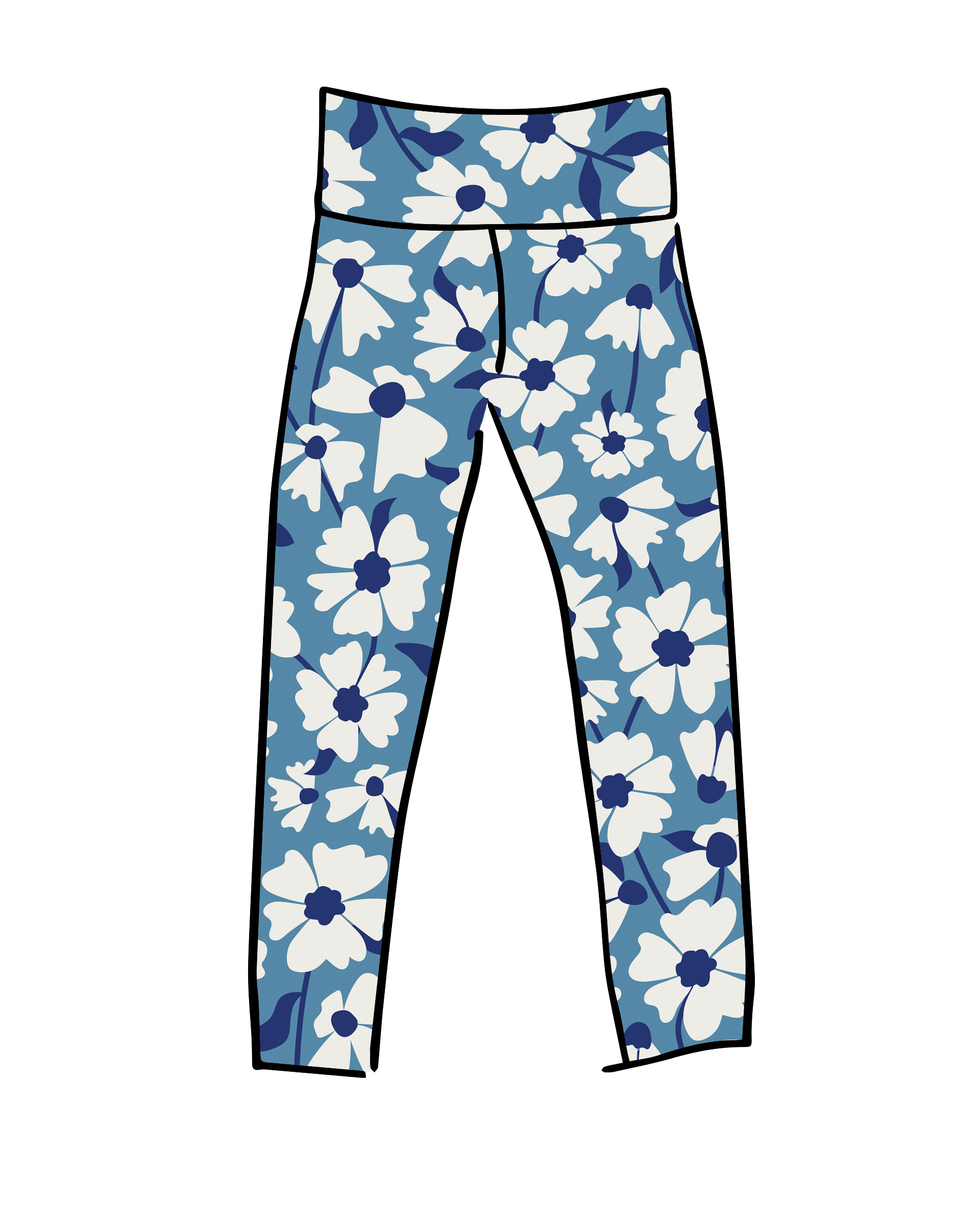 Model wearing Thunderpants Ankle Leggings and Camisole in Moody Blooms - white and blue flowers with blue background.