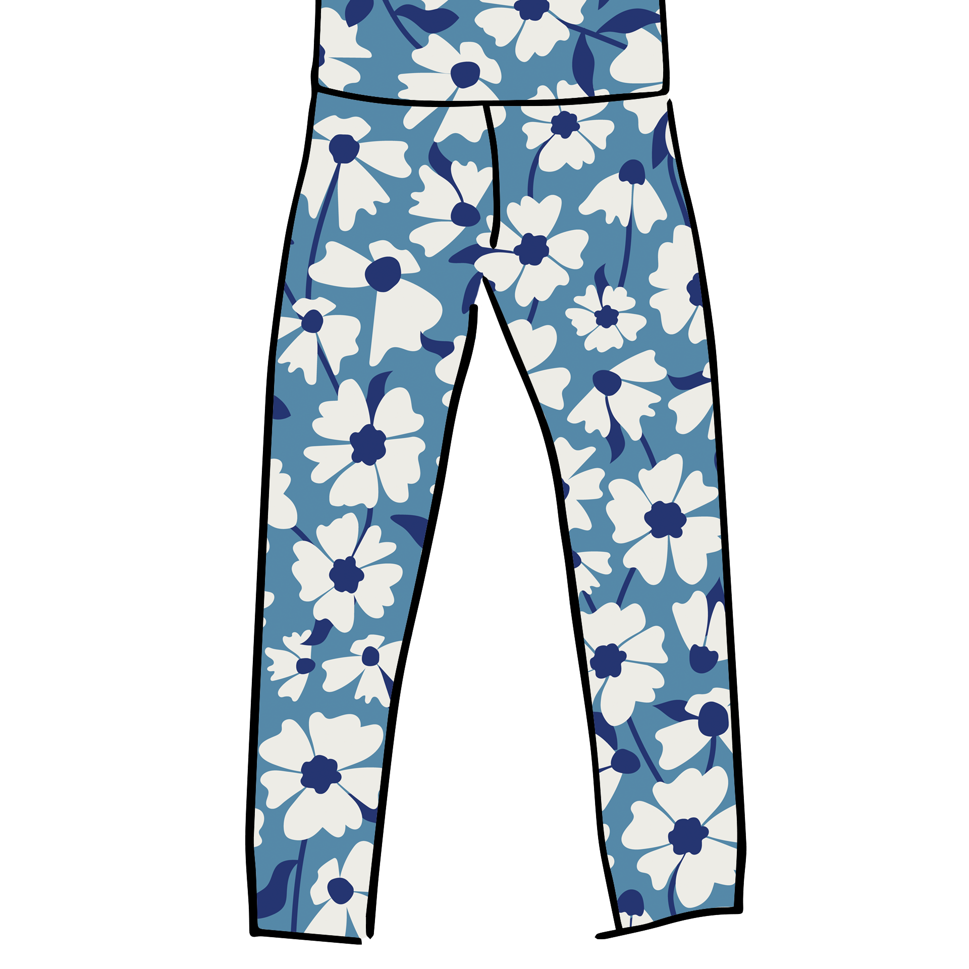 Model wearing Thunderpants Ankle Leggings and Camisole in Moody Blooms - white and blue flowers with blue background.