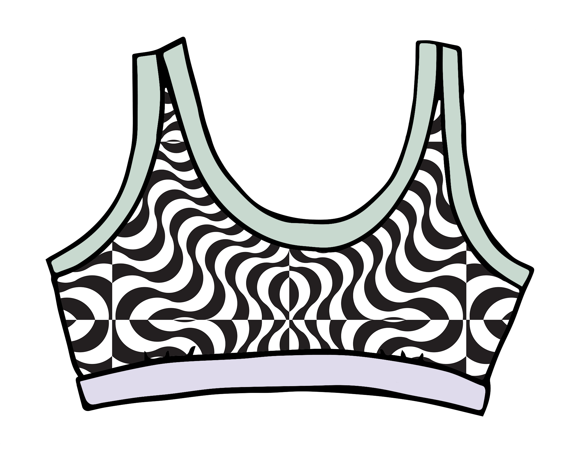 Drawing of Thunderpants Bralette in Arctic Trippy - black and white squiggles with sage and lavender binding.