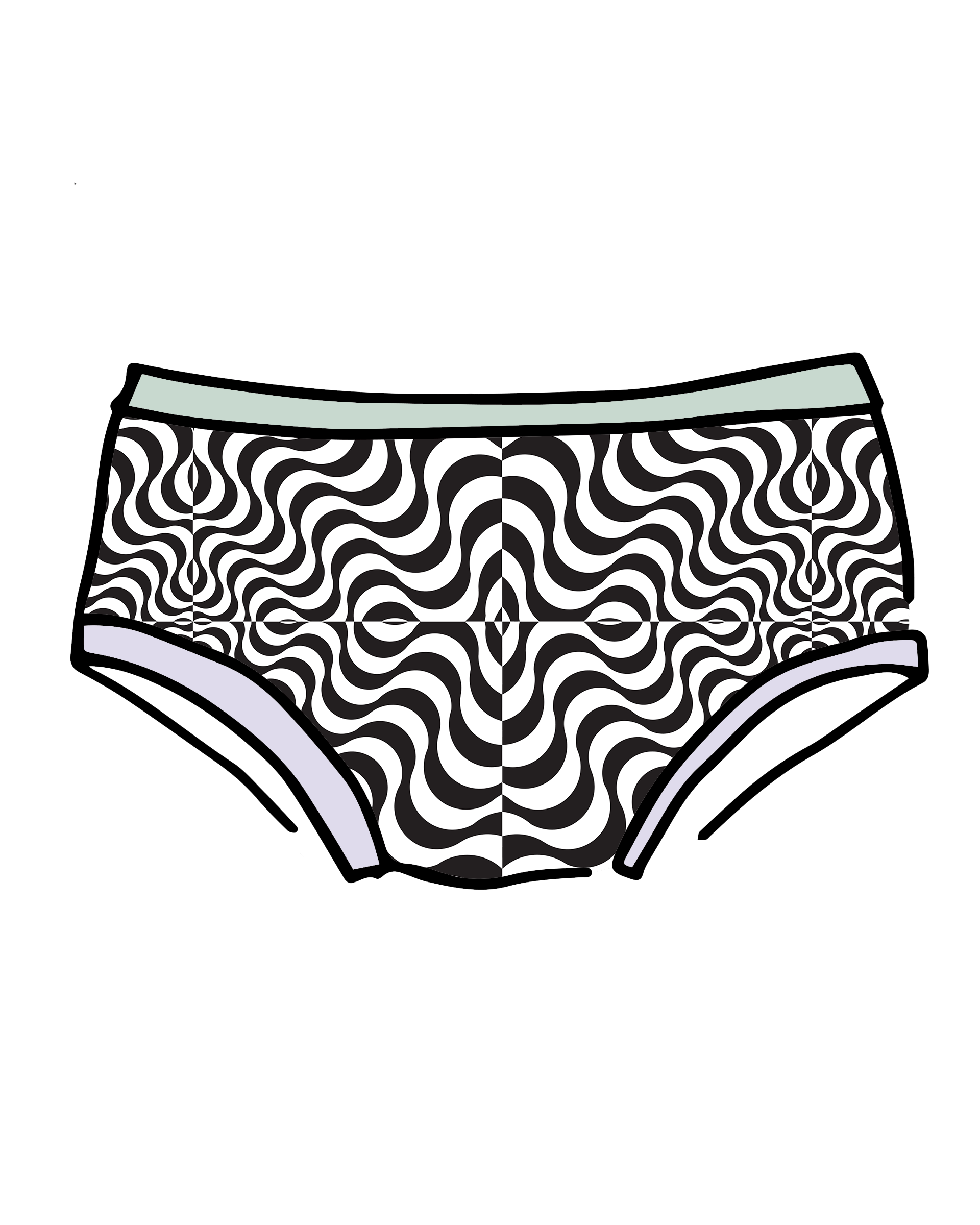 Drawing of Thunderpants Hipster style underwear in Arctic Trippy - black and white squiggles with sage and lavender binding.