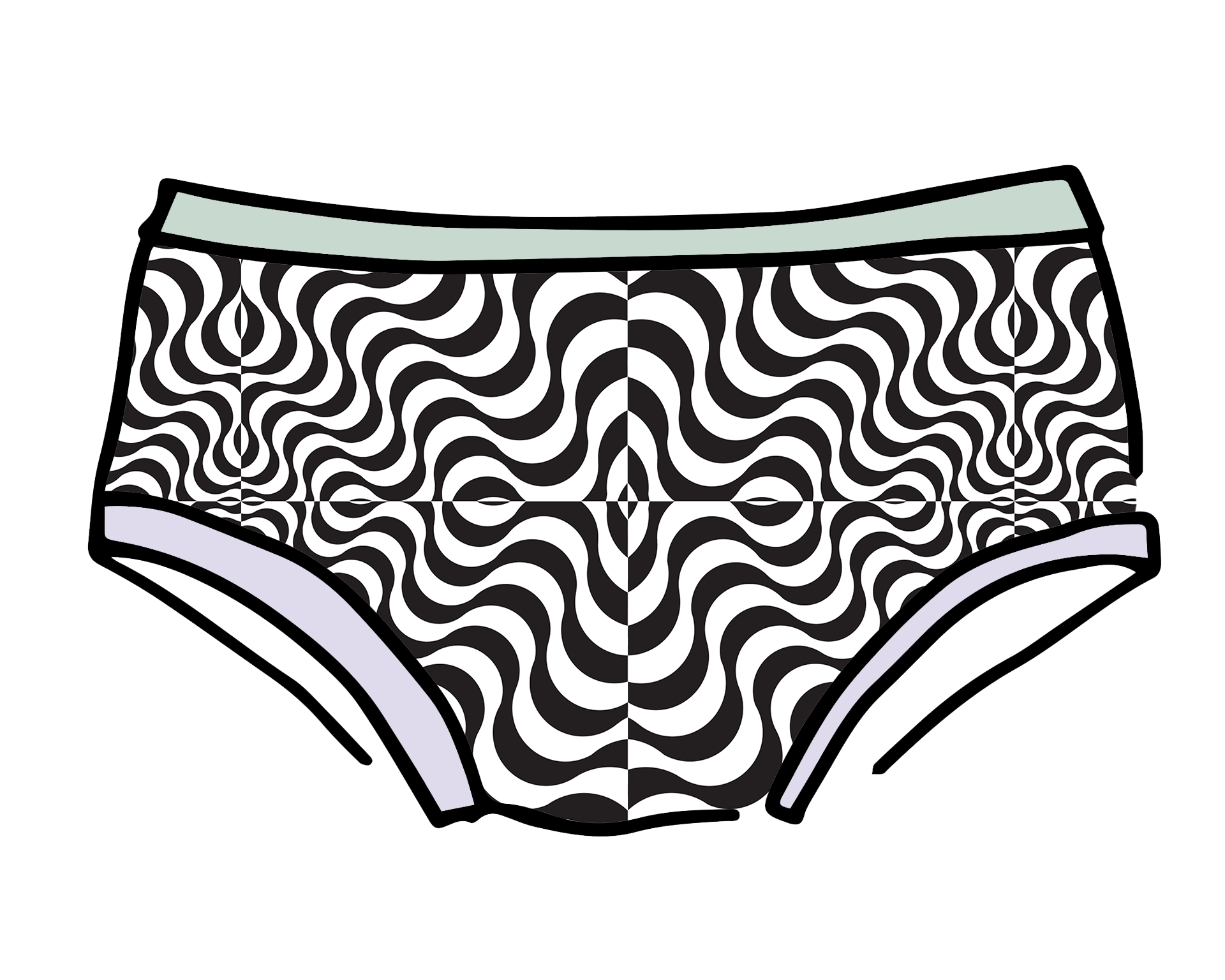 Drawing of Thunderpants Hipster style underwear in Arctic Trippy - black and white squiggles with sage and lavender binding.