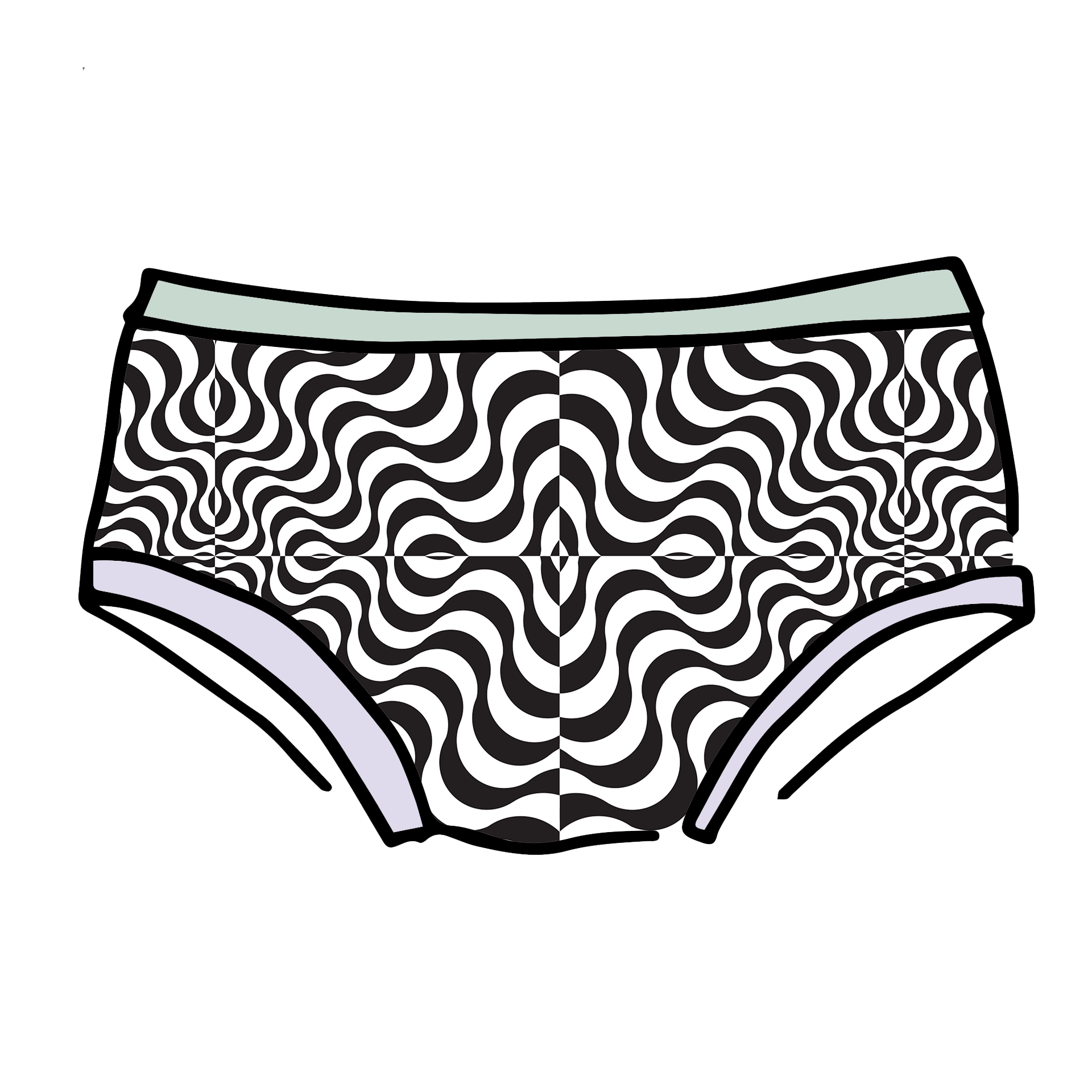 Drawing of Thunderpants Hipster style underwear in Arctic Trippy - black and white squiggles with sage and lavender binding.