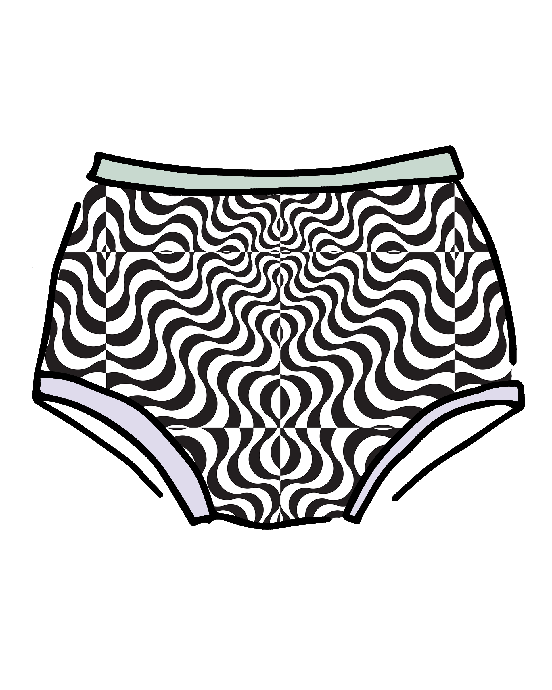 Drawing of Thunderpants Original style underwear in Arctic Trippy print - black and white squiggles with sage and lavender binding.
