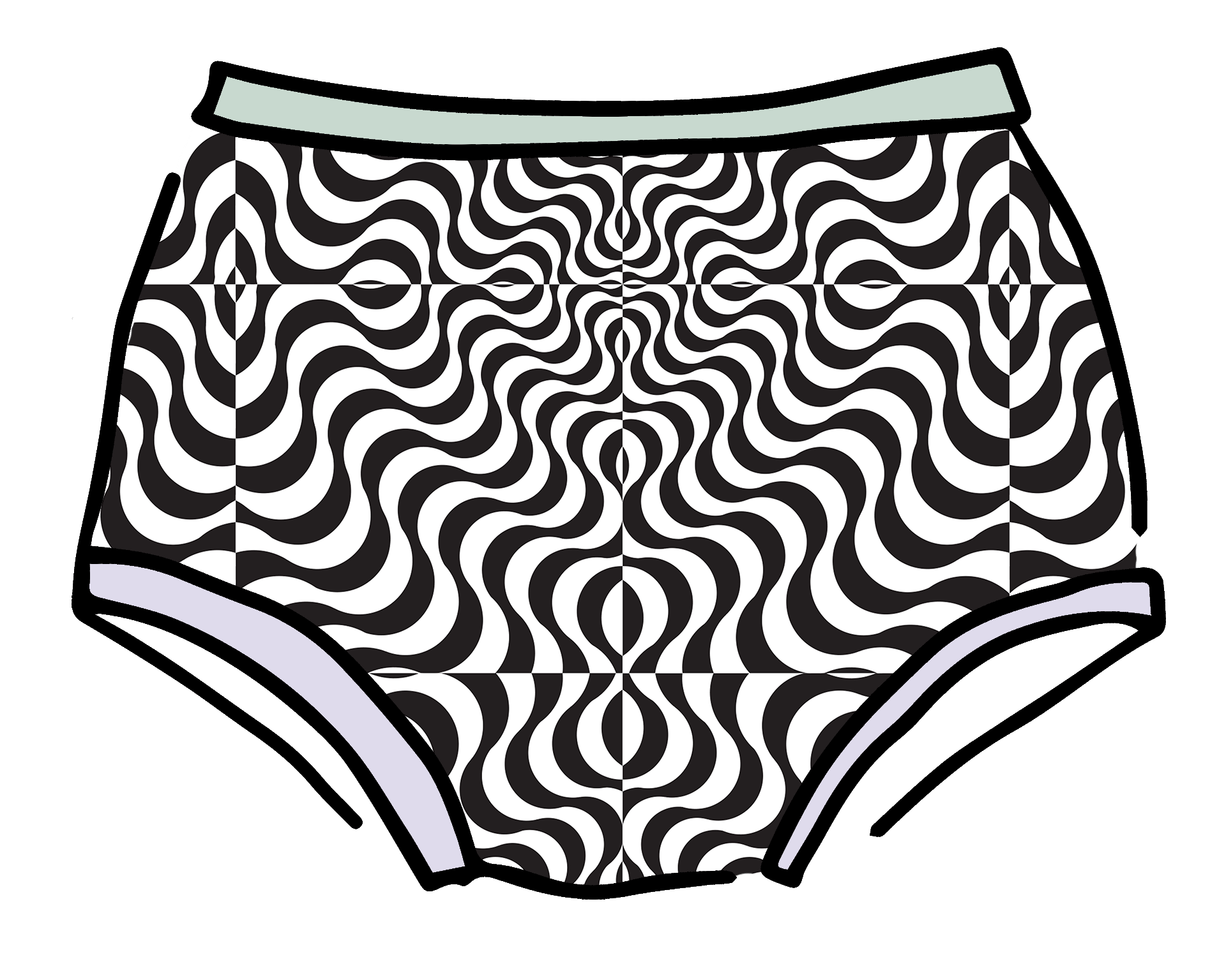 Drawing of Thunderpants Original style underwear in Arctic Trippy print - black and white squiggles with sage and lavender binding.