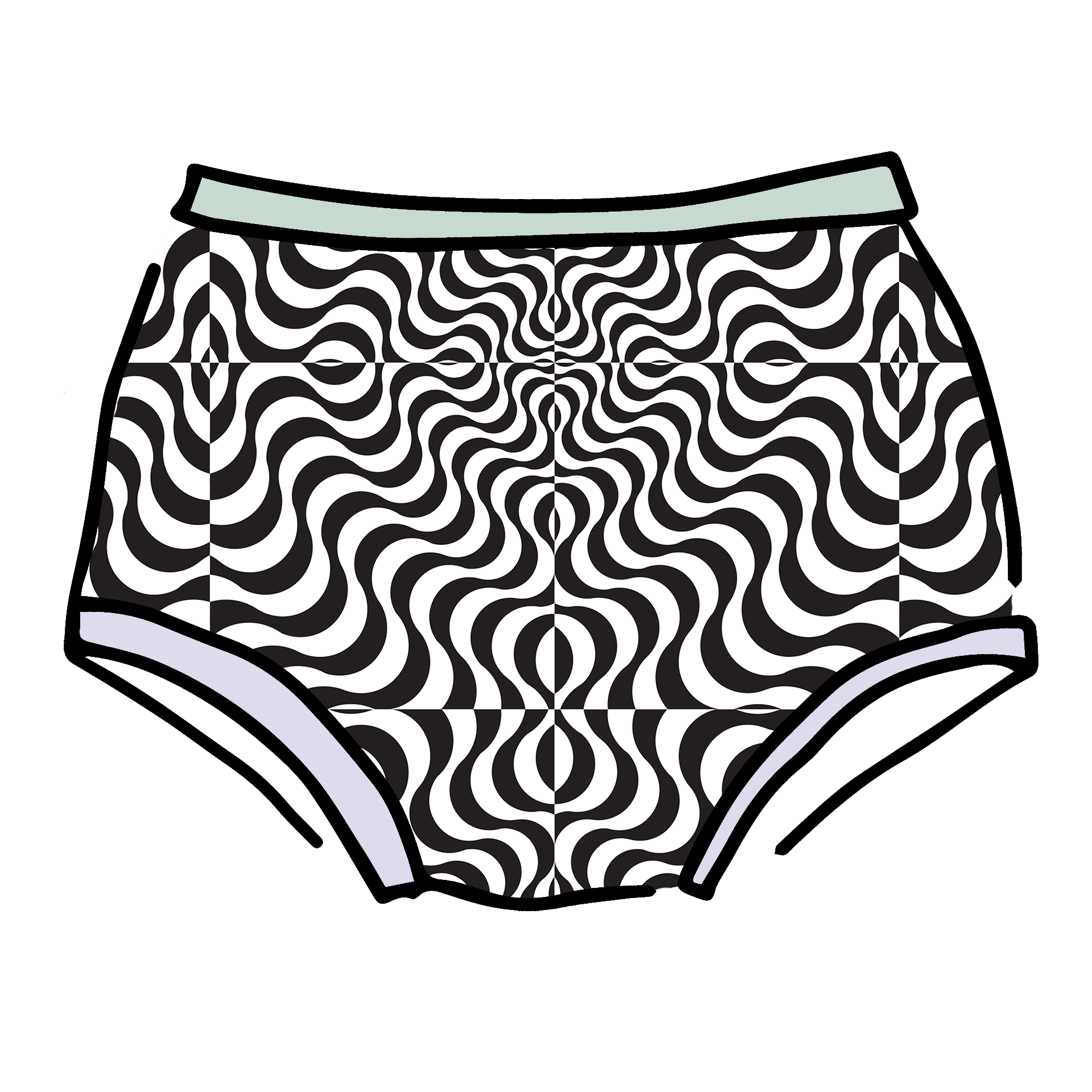 Drawing of Thunderpants Original style underwear in Arctic Trippy print - black and white squiggles with sage and lavender binding.