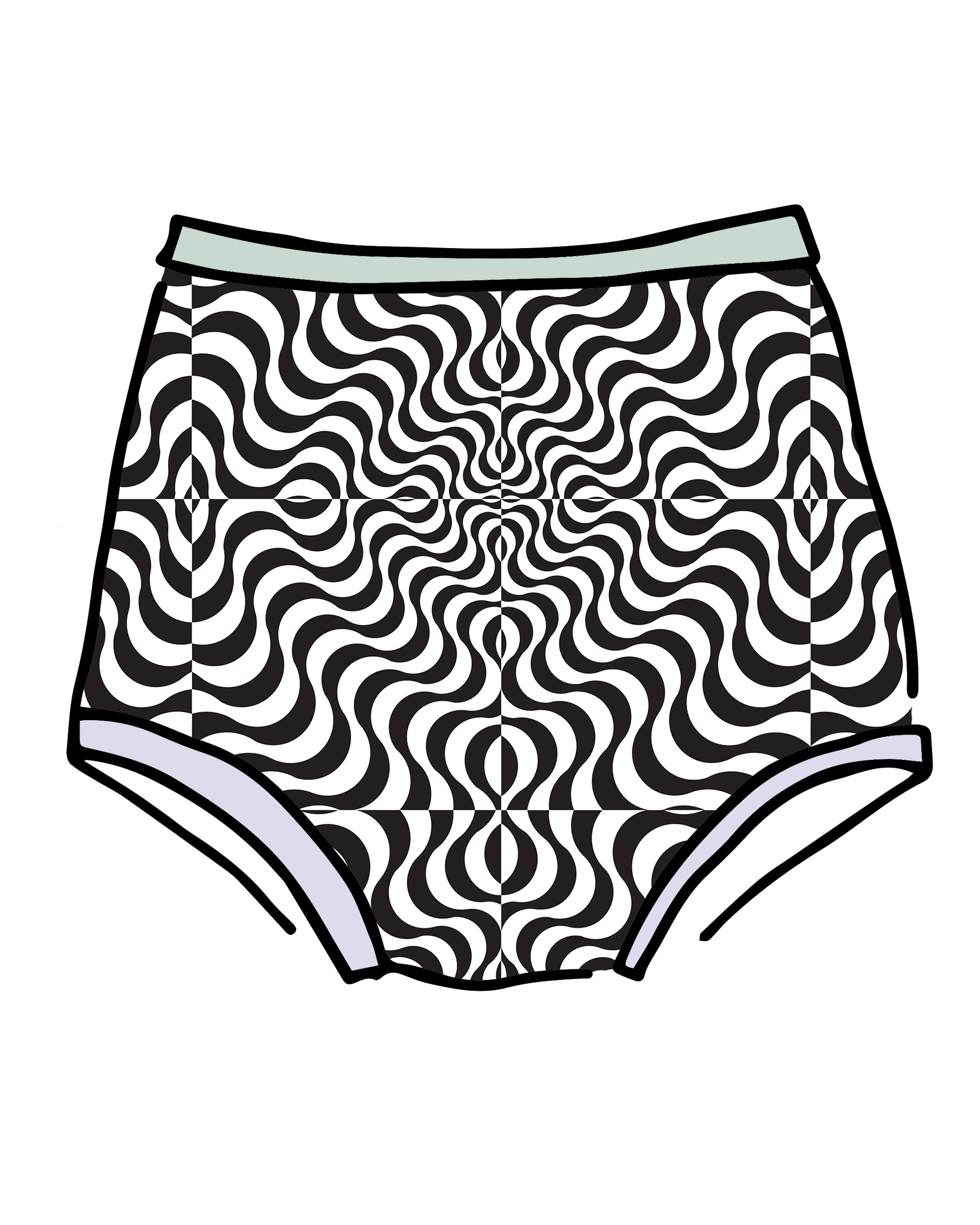 Drawing of Thunderpants Sky Rise style underwear in Arctic Trippy - black and white squiggles with sage and lavender binding.