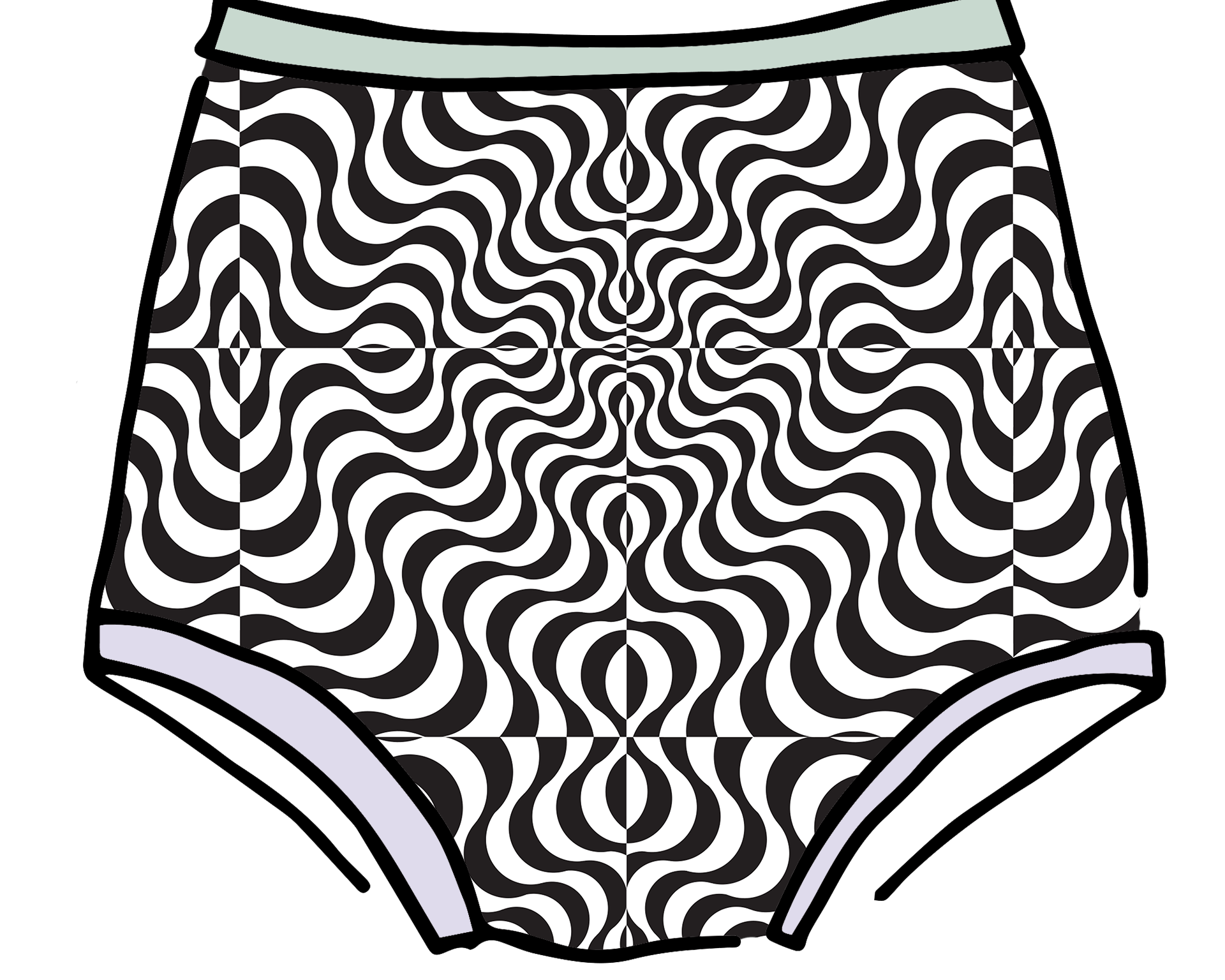 Drawing of Thunderpants Sky Rise style underwear in Arctic Trippy - black and white squiggles with sage and lavender binding.