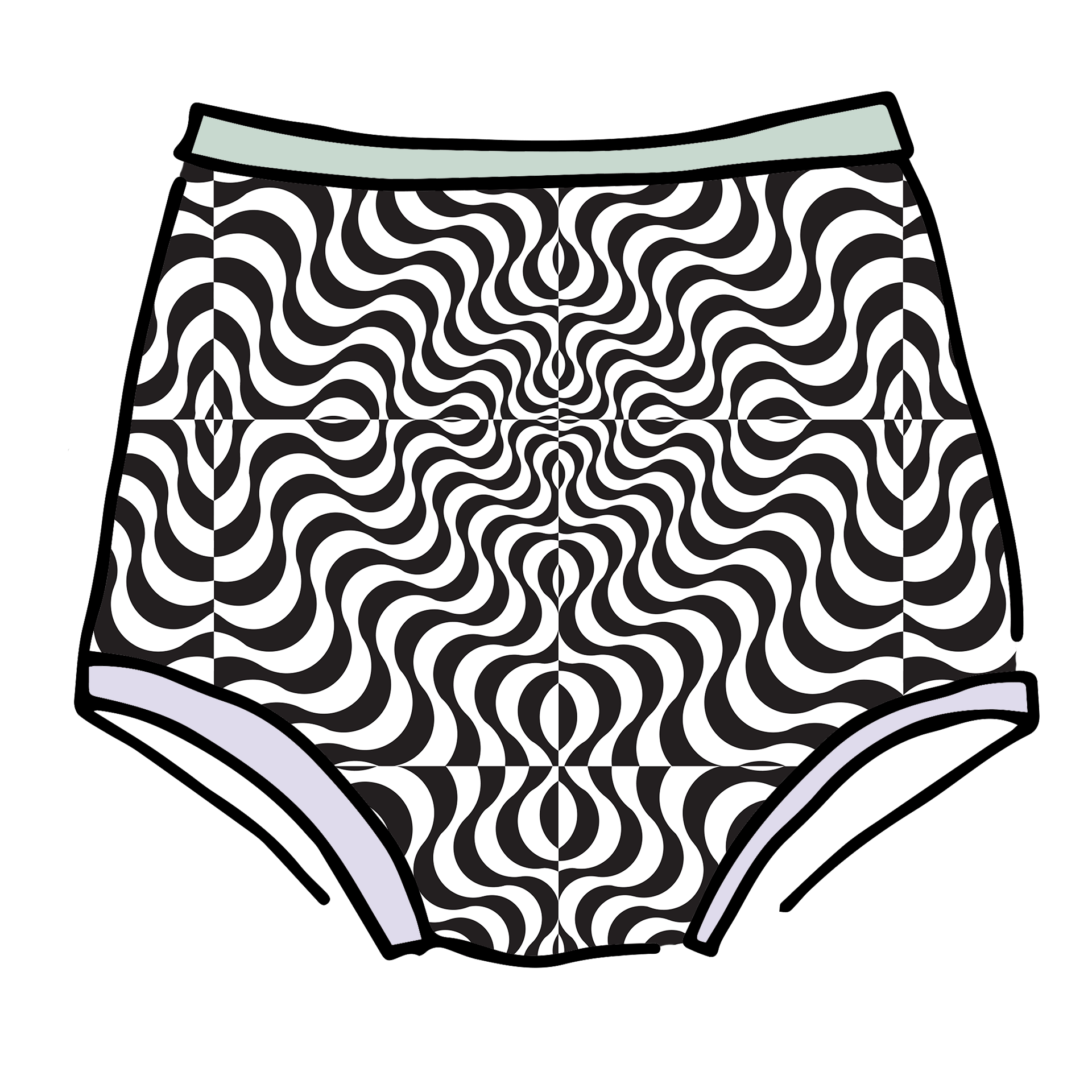 Drawing of Thunderpants Sky Rise style underwear in Arctic Trippy - black and white squiggles with sage and lavender binding.