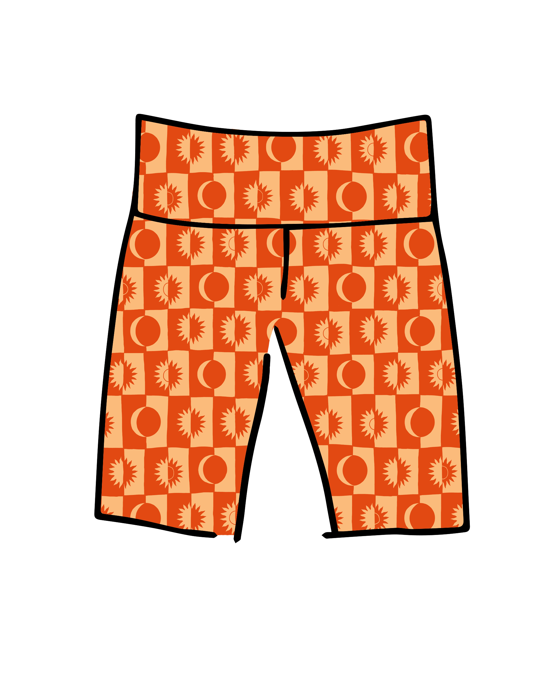 Drawing of Thunderpants Bike Shorts in Autumn Equinox print.