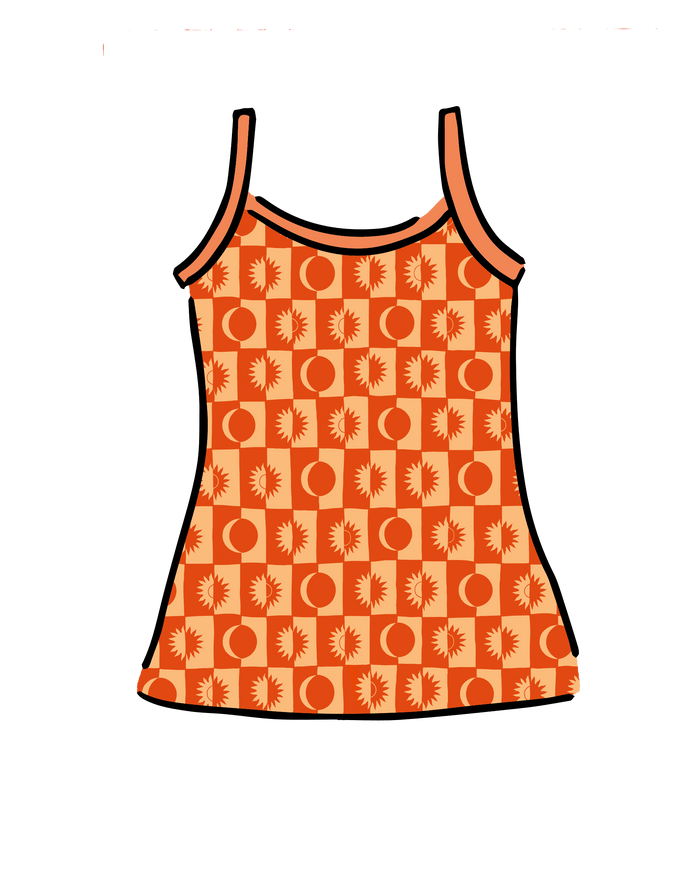 Drawing of Thunderpants Camisole in Autumn Equinox print.