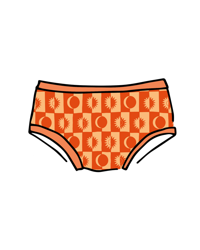 Drawing of Thunderpants Kids underwear in Autumn Equinox print.