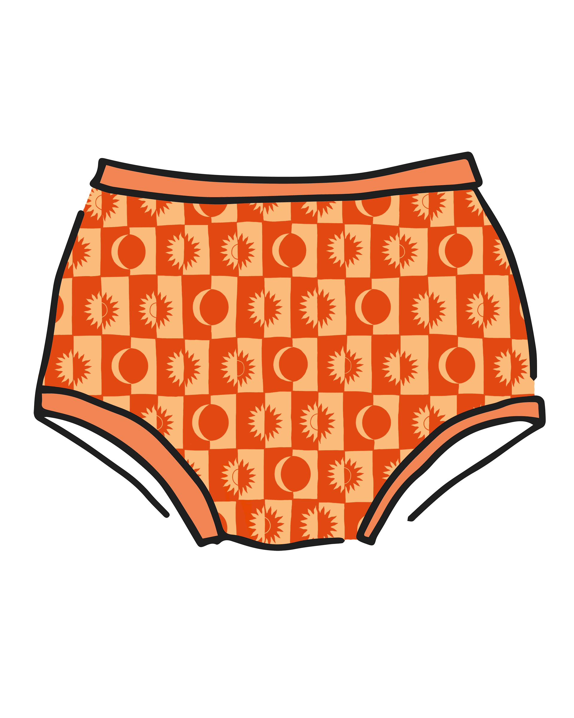 Drawing of Thunderpants Original style underwear in Autumn Equinox print.
