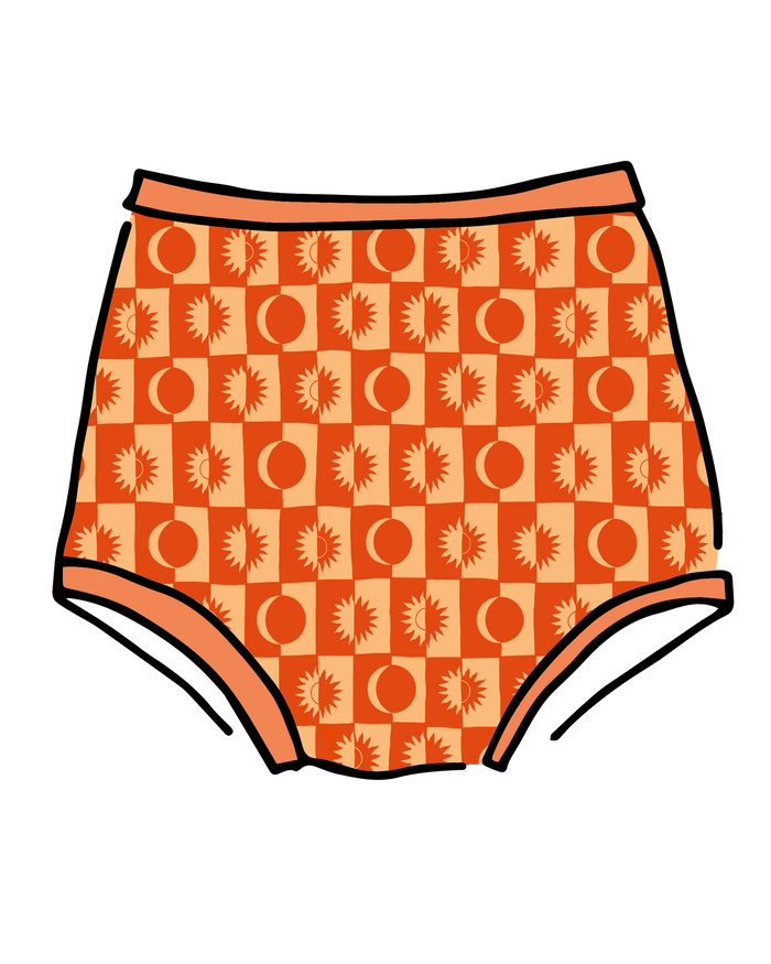 Drawing of Thunderpants Sky Rise style underwear in Autumn Equinox print.