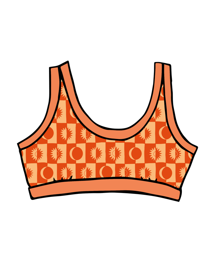 Drawing of Thunderpants Bralette in Autumn Equinox print.