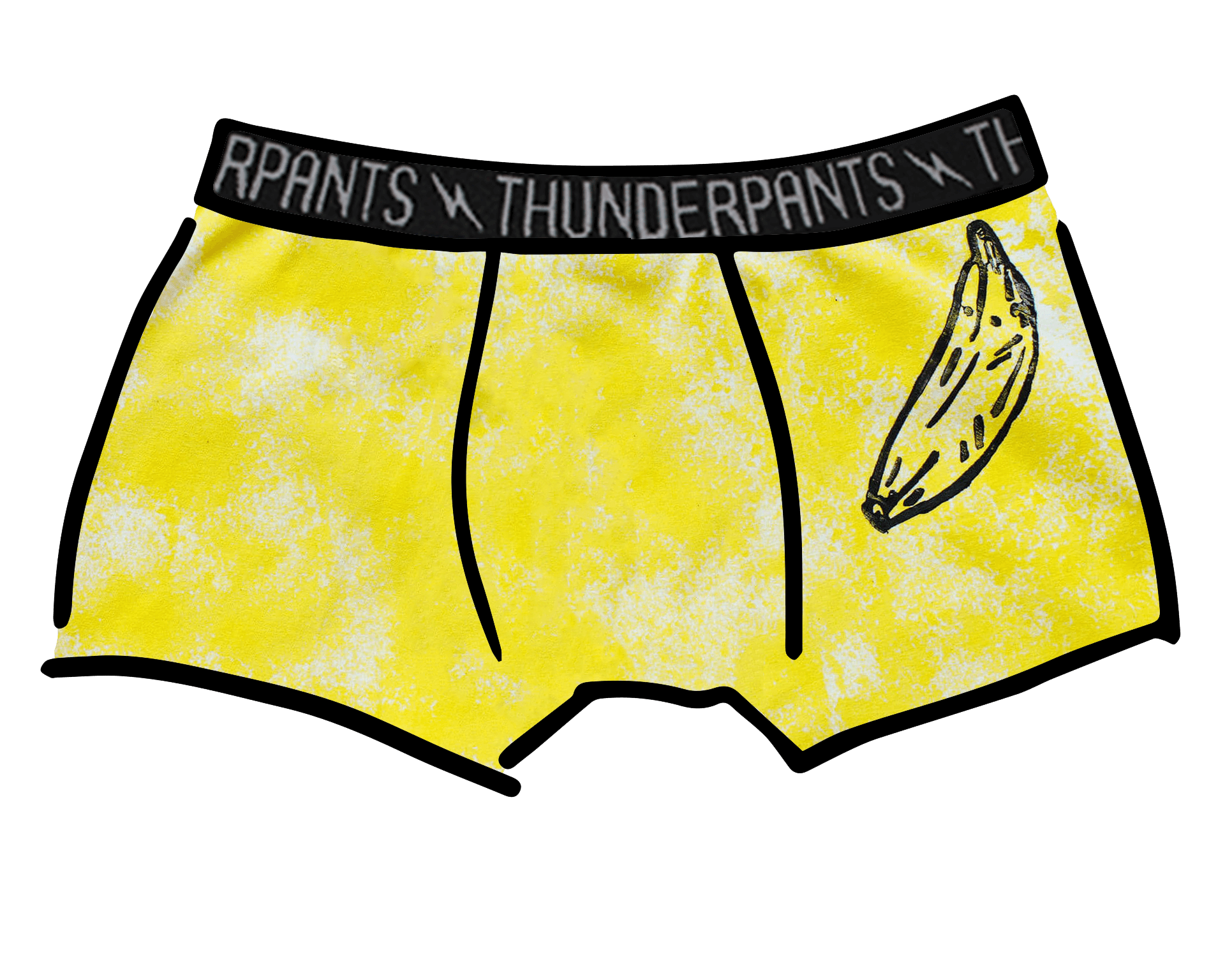 Drawing of Thunderpants Boxer Brief in Banana Pitch - yellow with one black banana print.